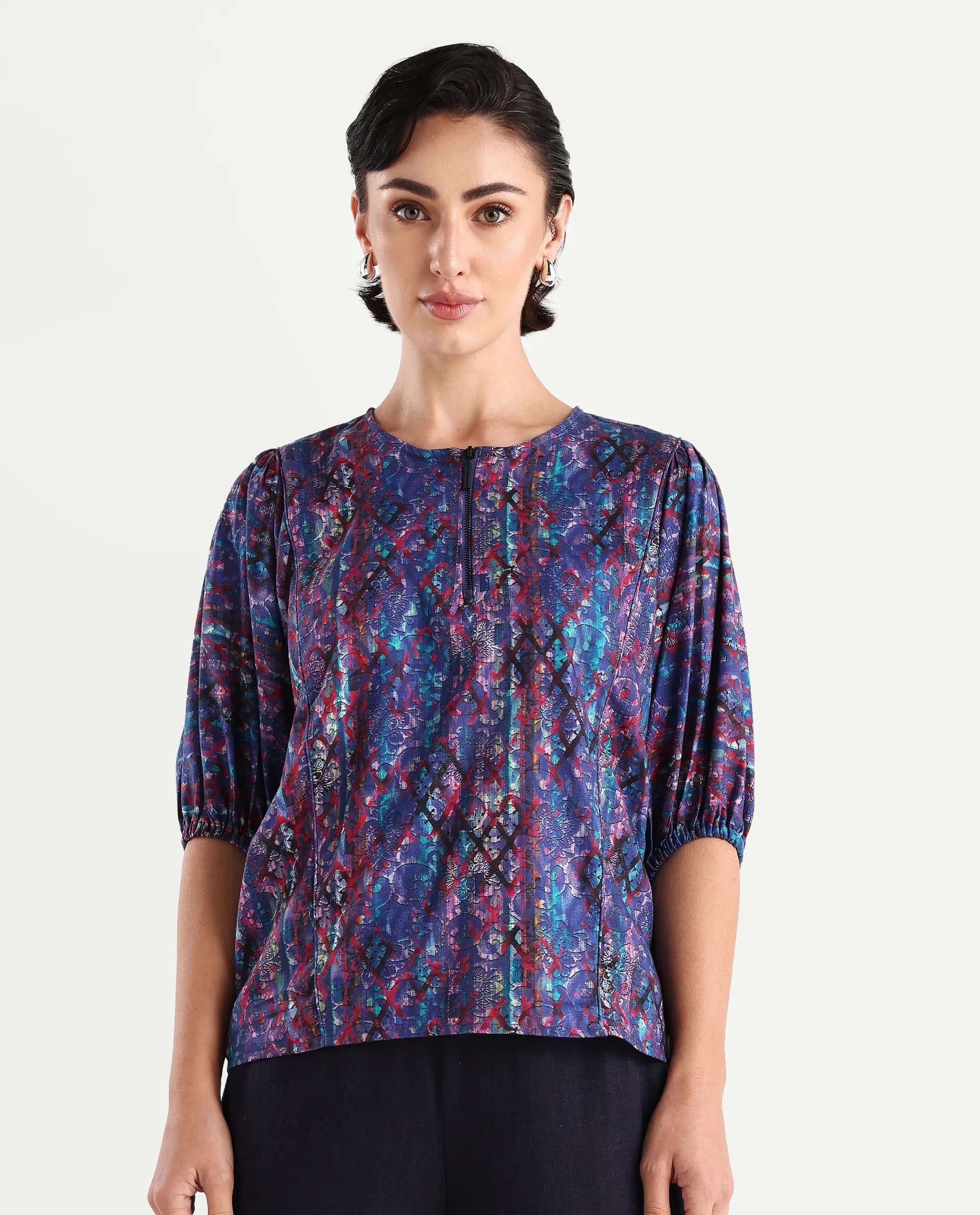 Rareism Women's Forli Multi Cotton Blend Crew Neck Abstract Print Kimono Sleeve Regular Fit Top