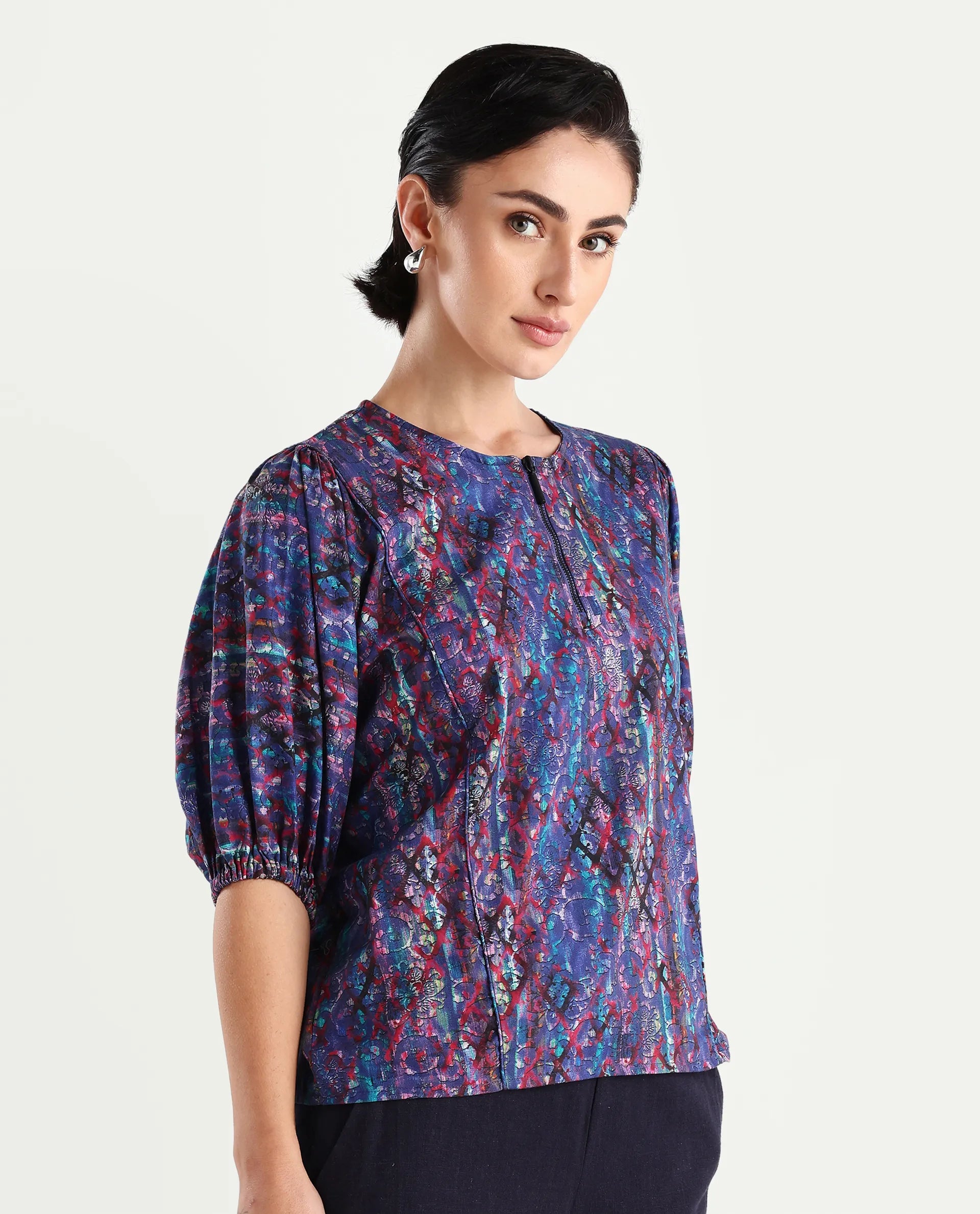 Rareism Women's Forli Multi Cotton Blend Crew Neck Abstract Print Kimono Sleeve Regular Fit Top