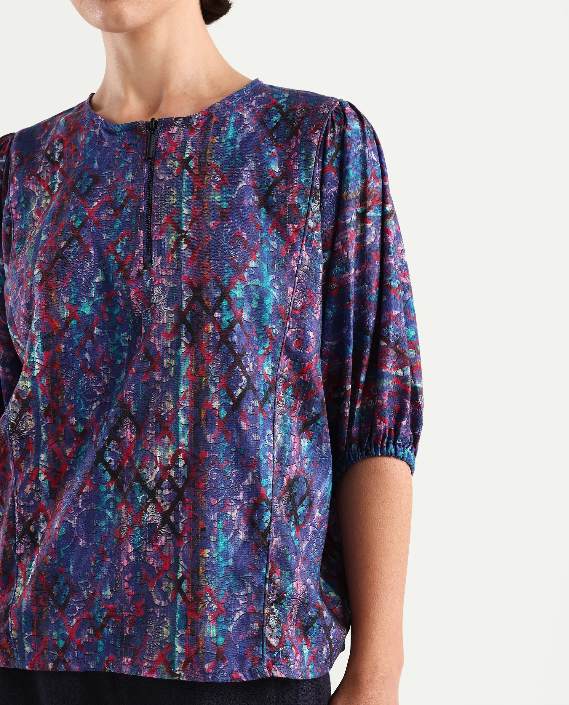 Rareism Women's Forli Multi Cotton Blend Crew Neck Abstract Print Kimono Sleeve Regular Fit Top