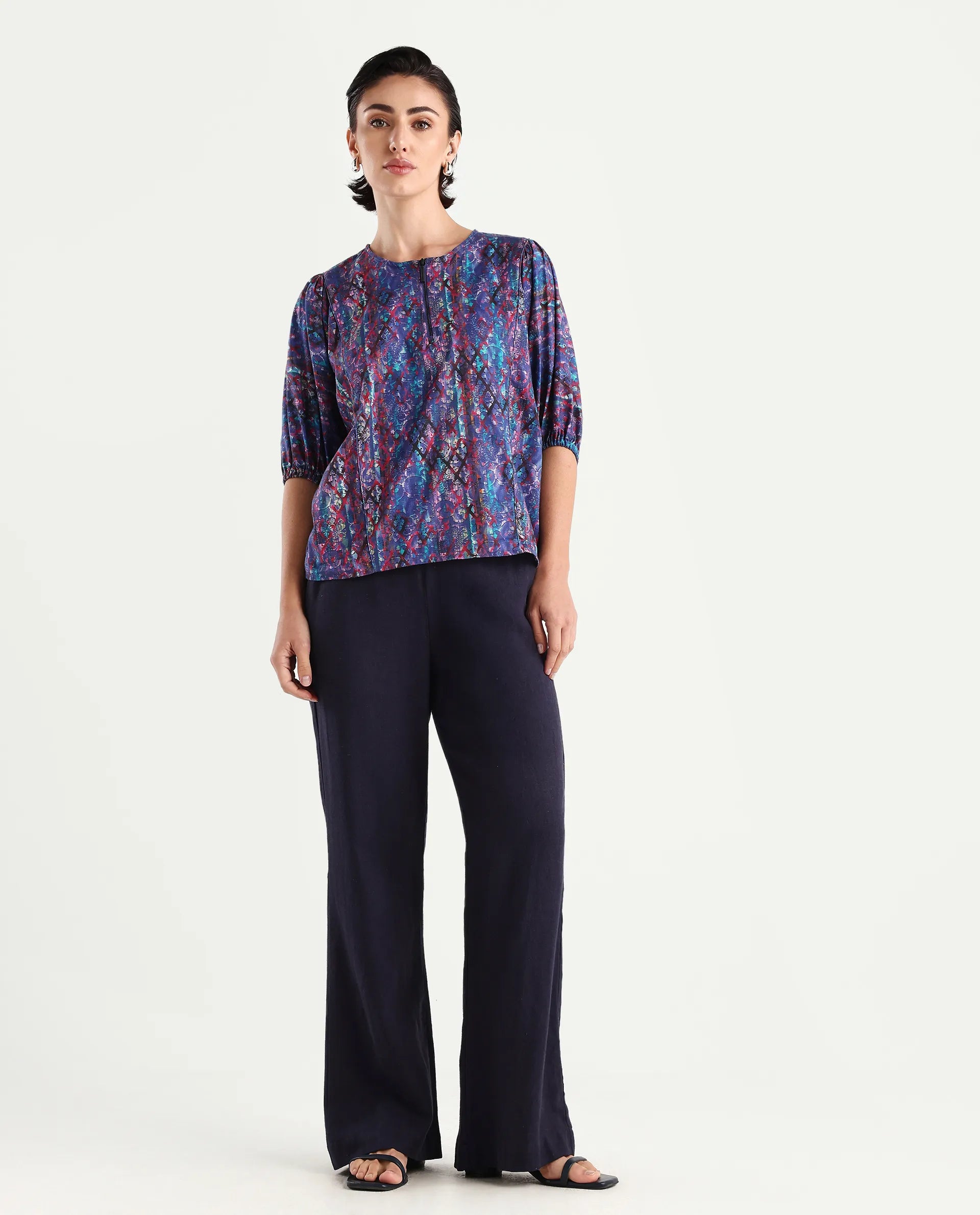 Rareism Women's Forli Multi Cotton Blend Crew Neck Abstract Print Kimono Sleeve Regular Fit Top