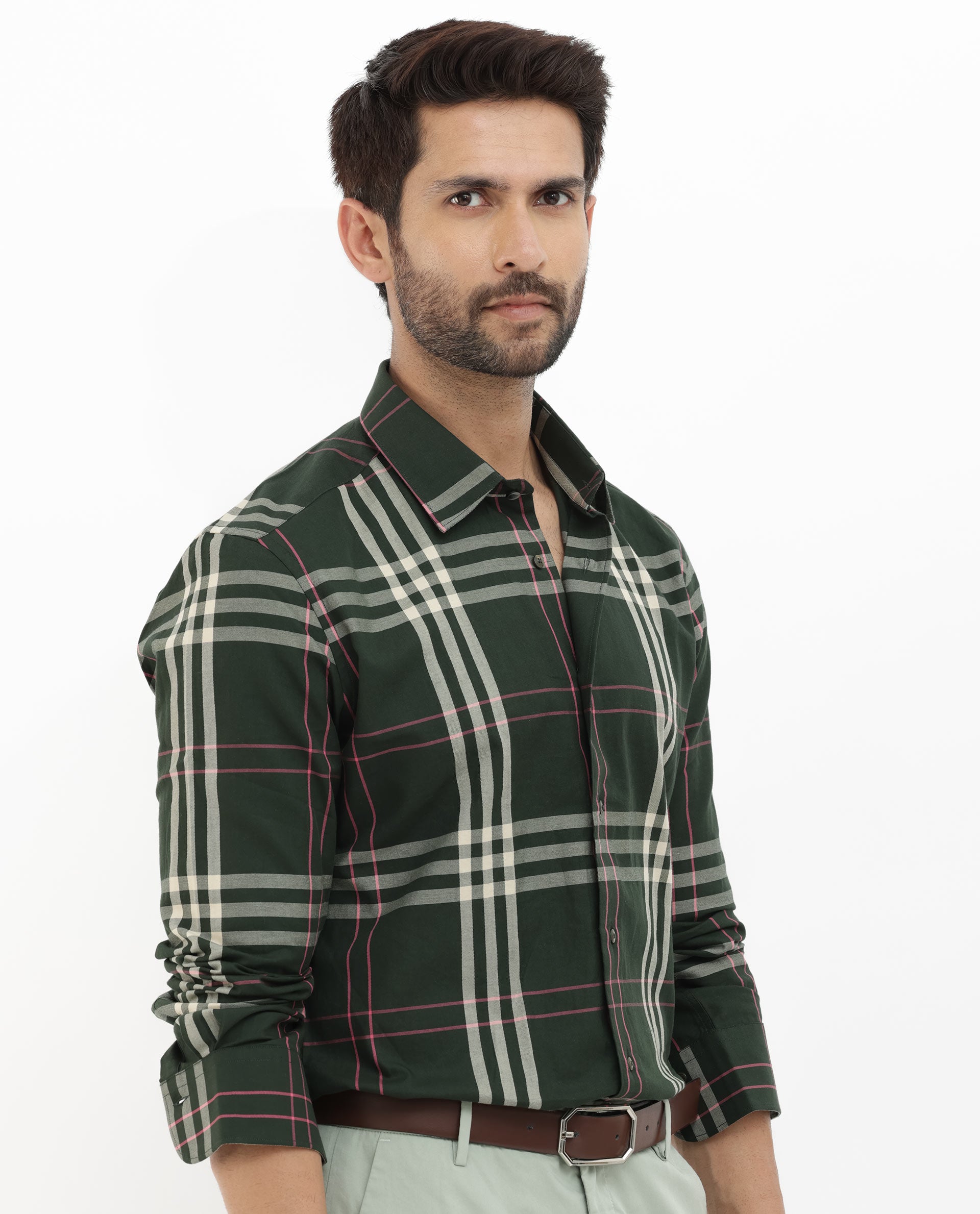 Rare Rabbit Mens Forman Dark Green Full Sleeve Cotton Checks Print Shirt
