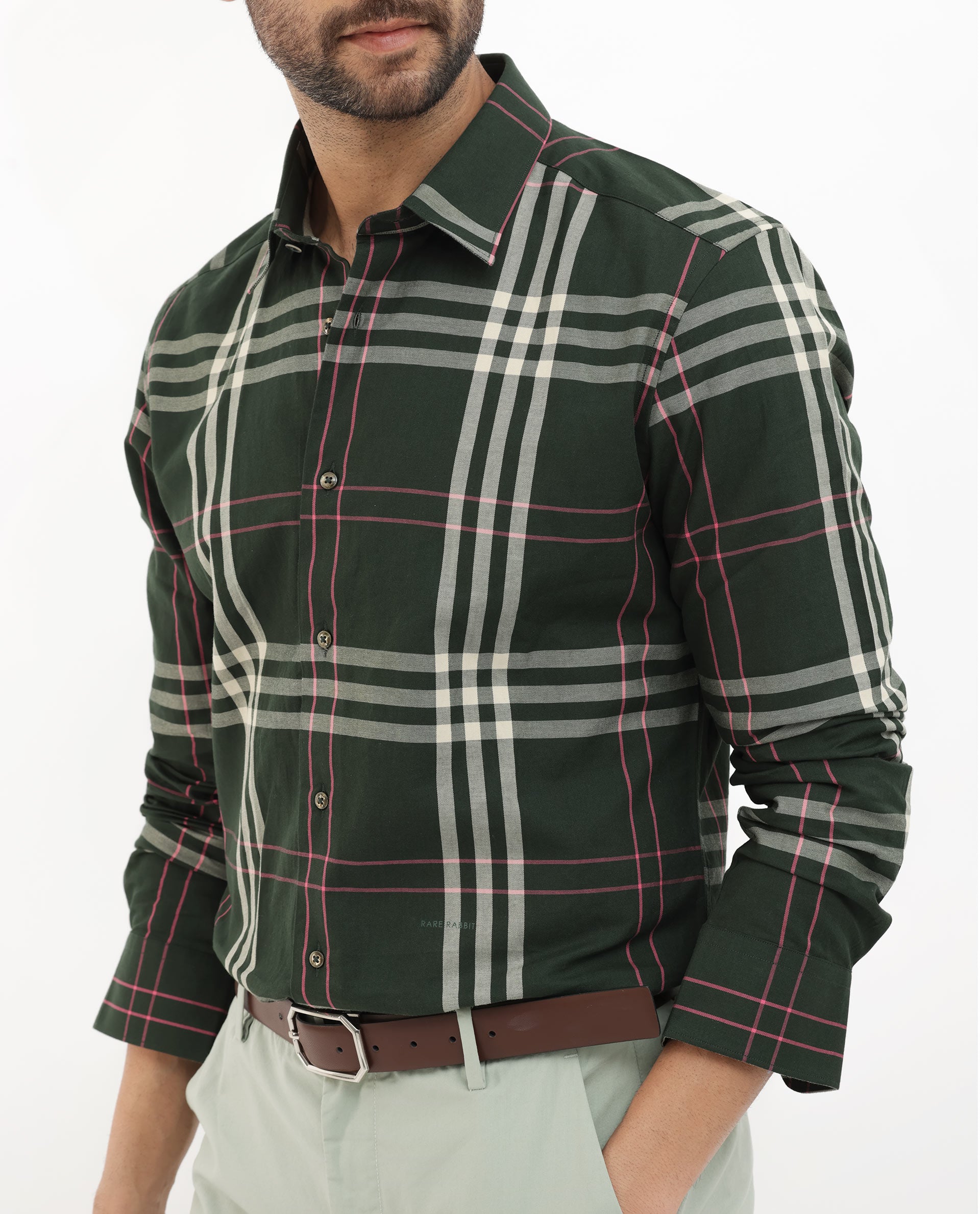 Rare Rabbit Mens Forman Dark Green Full Sleeve Cotton Checks Print Shirt
