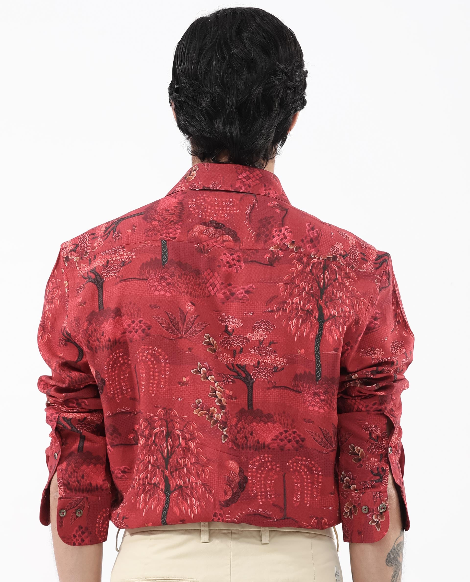Rare Rabbit Mens Fornia Red Full Sleeve Regular Fit Floral Print Shirt