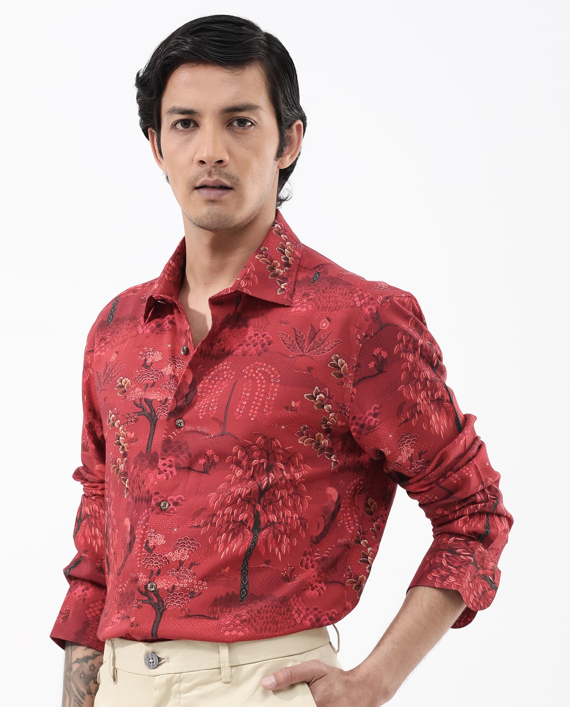 Rare Rabbit Mens Fornia Red Full Sleeve Regular Fit Floral Print Shirt
