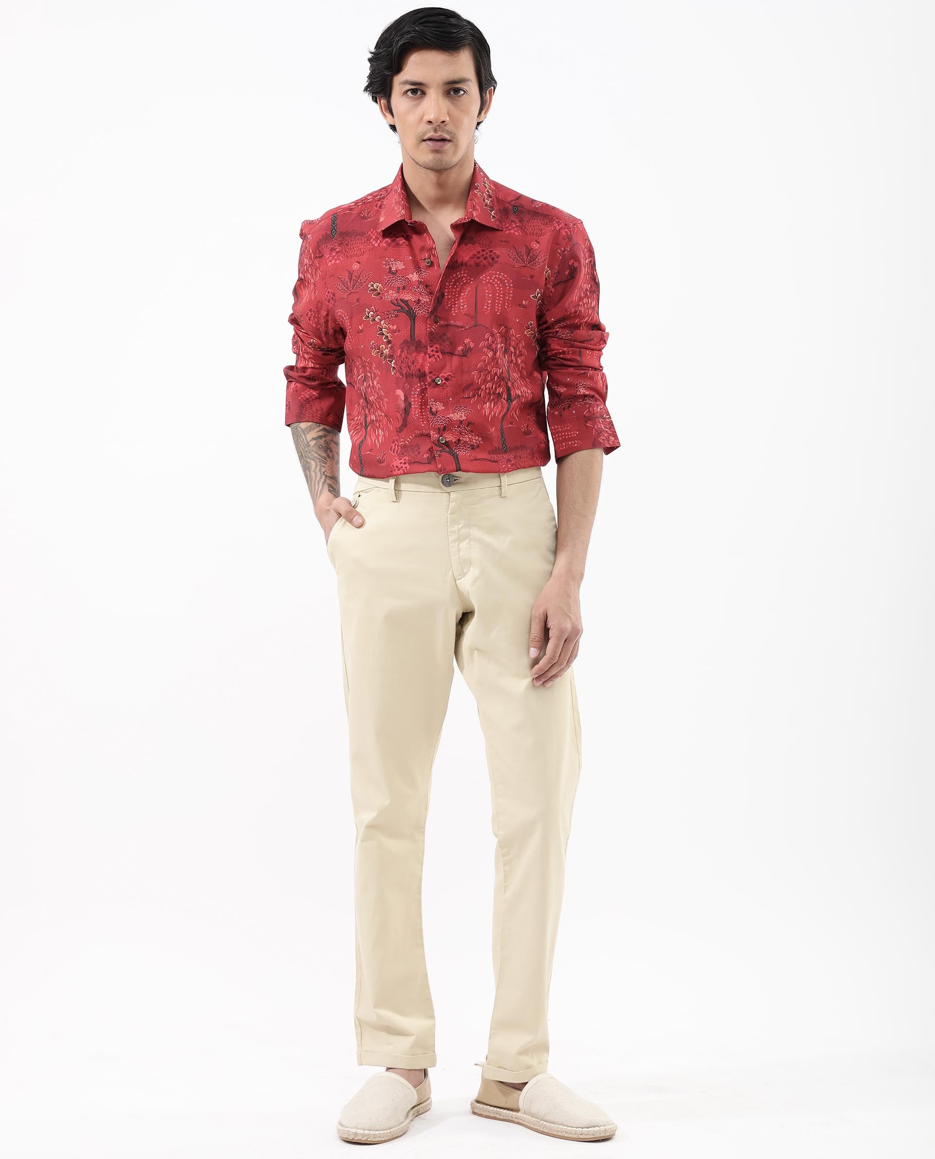 Rare Rabbit Mens Fornia Red Full Sleeve Regular Fit Floral Print Shirt