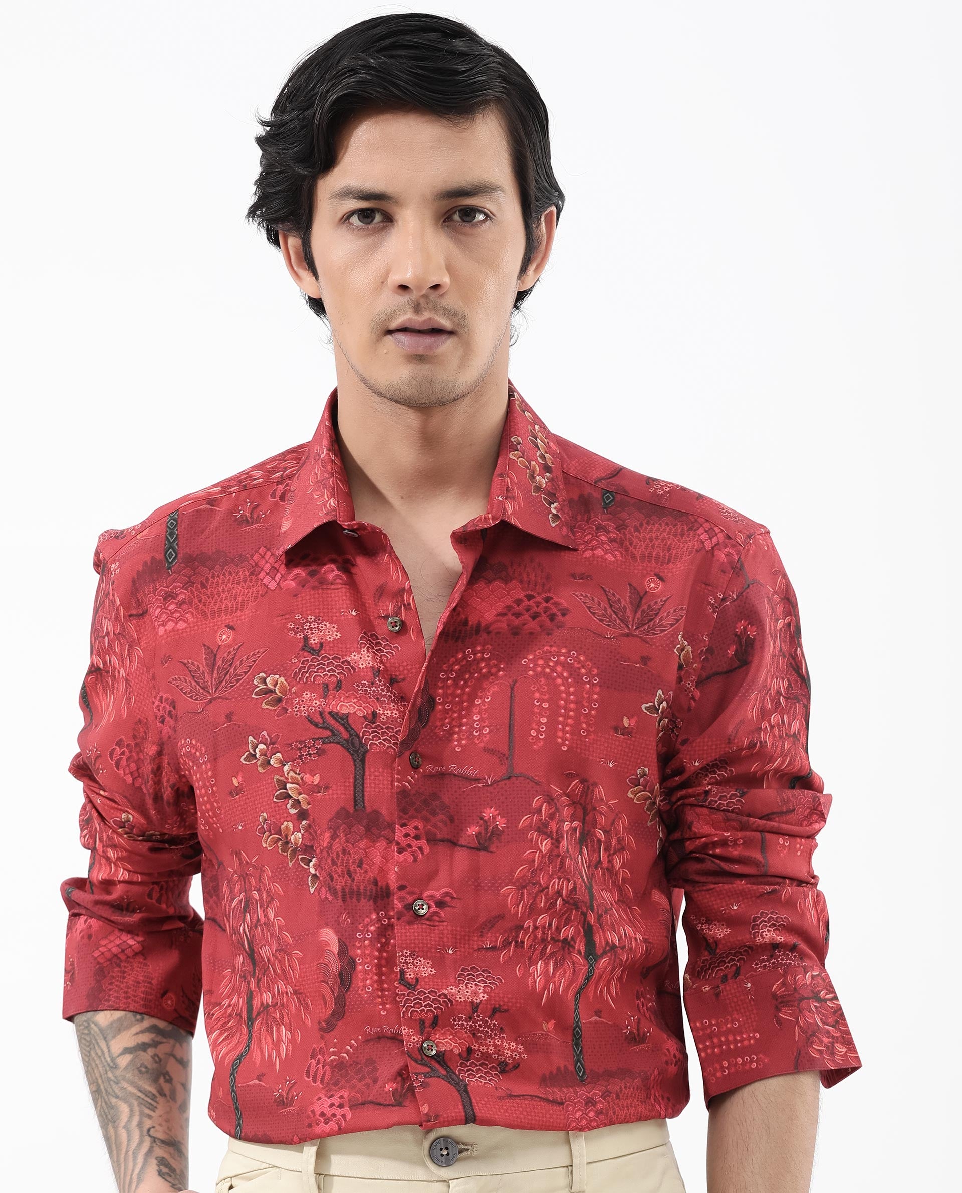 Rare Rabbit Mens Fornia Red Full Sleeve Regular Fit Floral Print Shirt