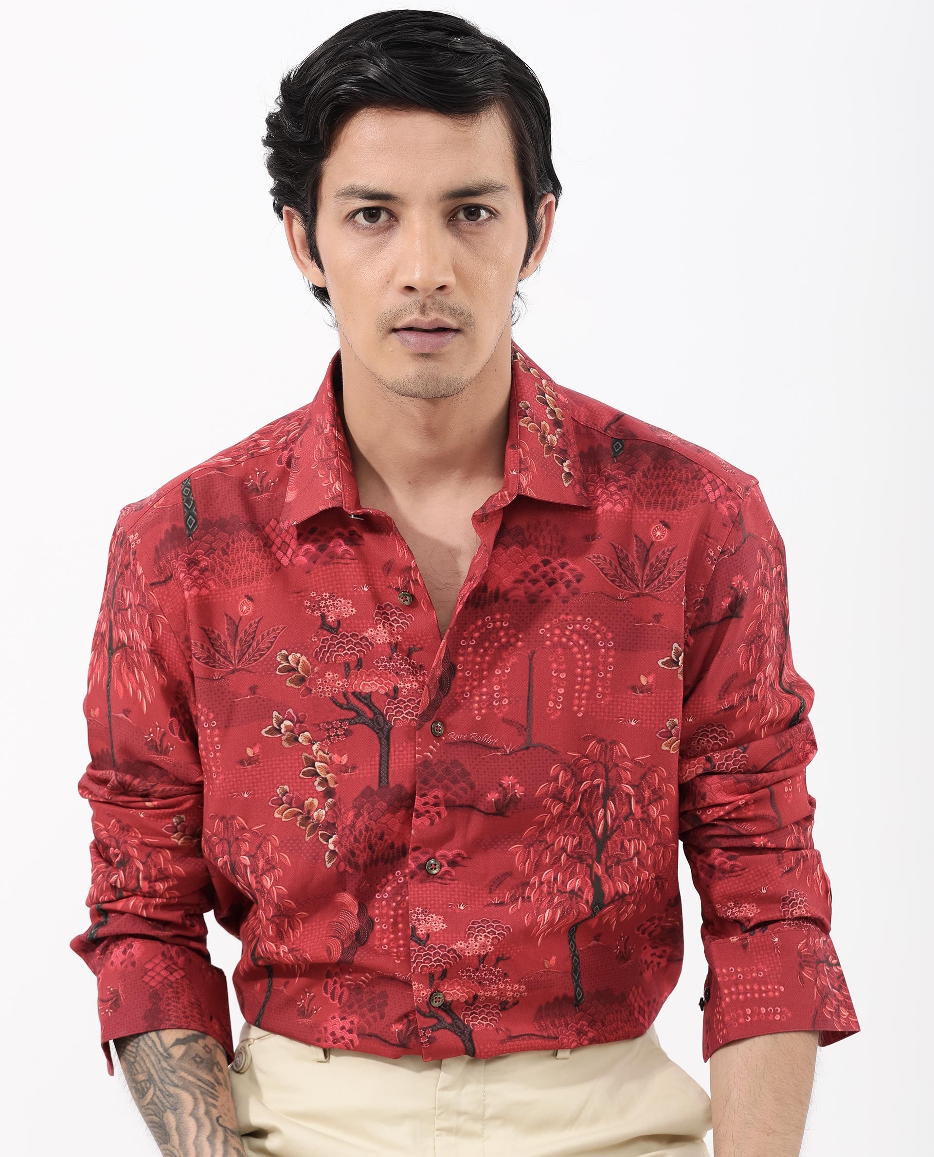 Rare Rabbit Mens Fornia Red Full Sleeve Regular Fit Floral Print Shirt