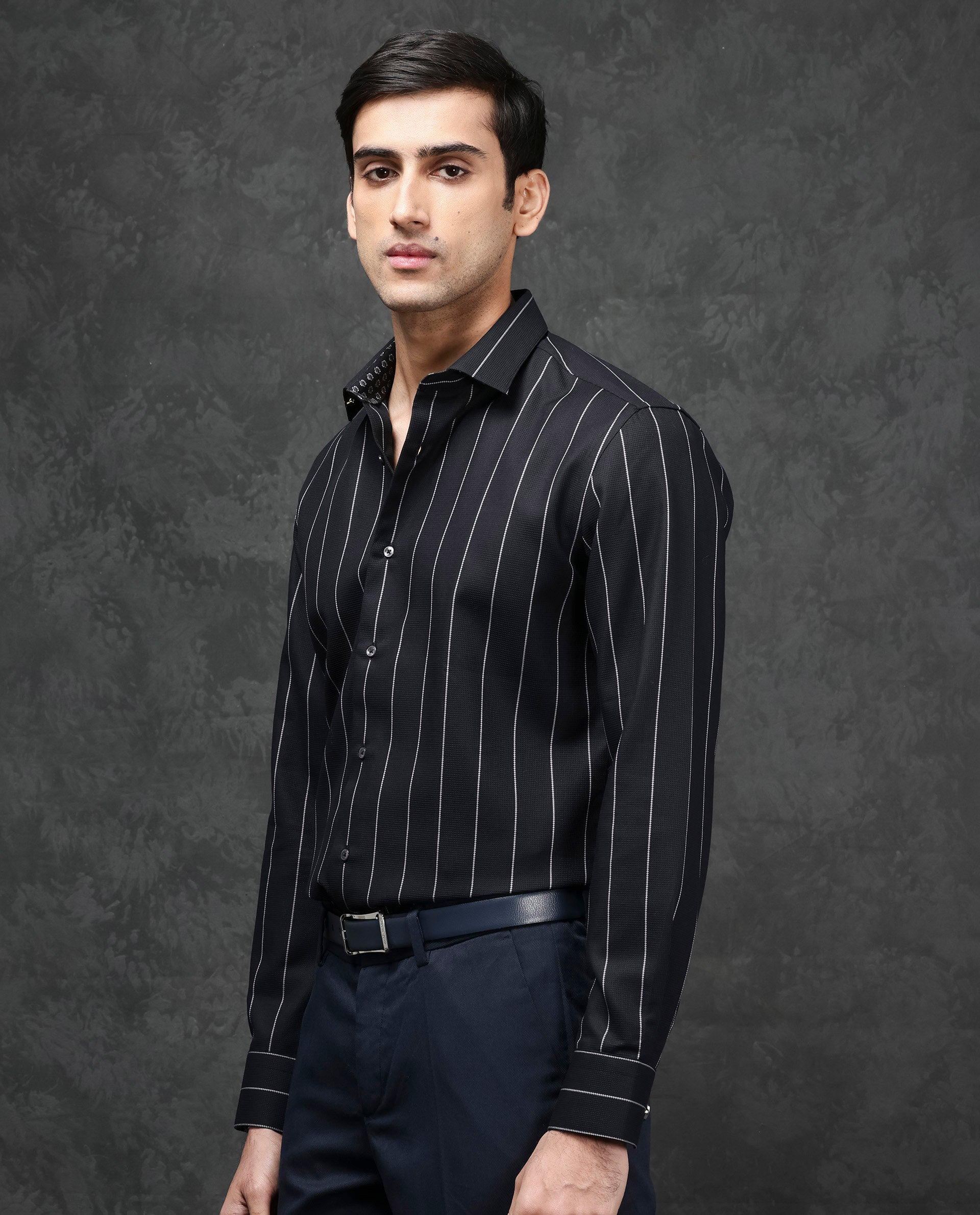 Rare Rabbit Mens Forty Black Cotton Fabric Full Sleeve Regular Fit Self Stripe Dobby Shirt