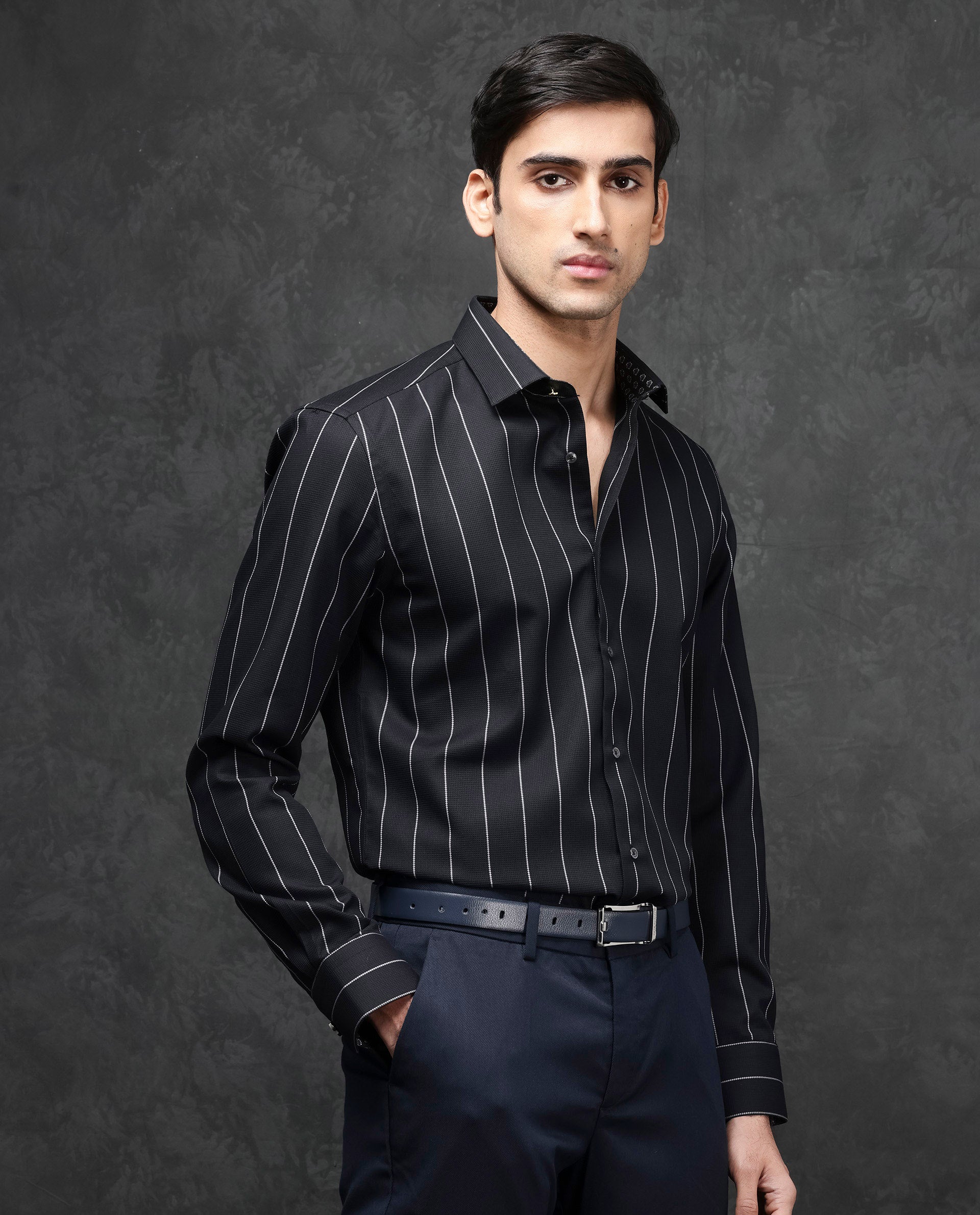 Rare Rabbit Mens Forty Black Cotton Fabric Full Sleeve Regular Fit Self Stripe Dobby Shirt