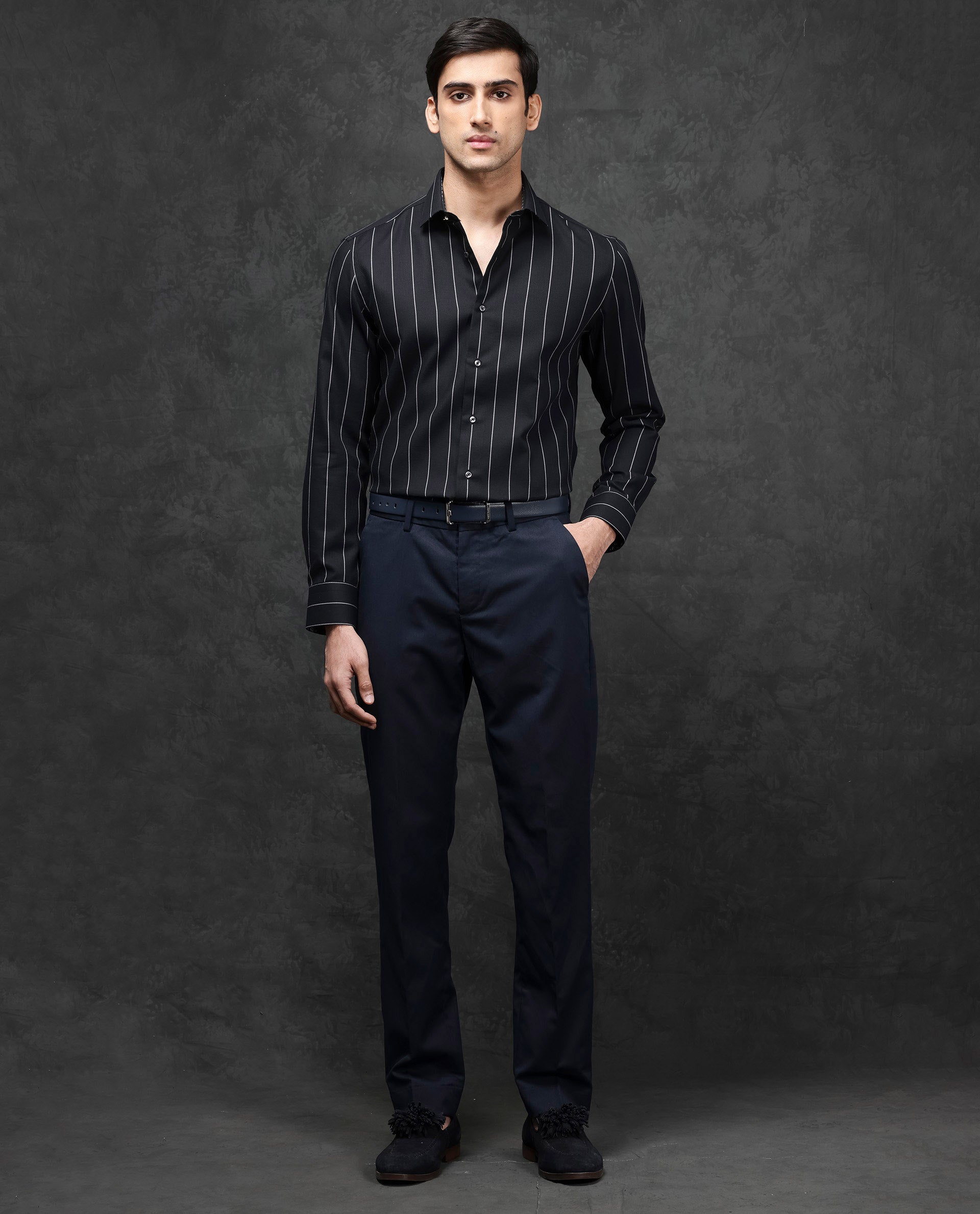 Rare Rabbit Mens Forty Black Cotton Fabric Full Sleeve Regular Fit Self Stripe Dobby Shirt