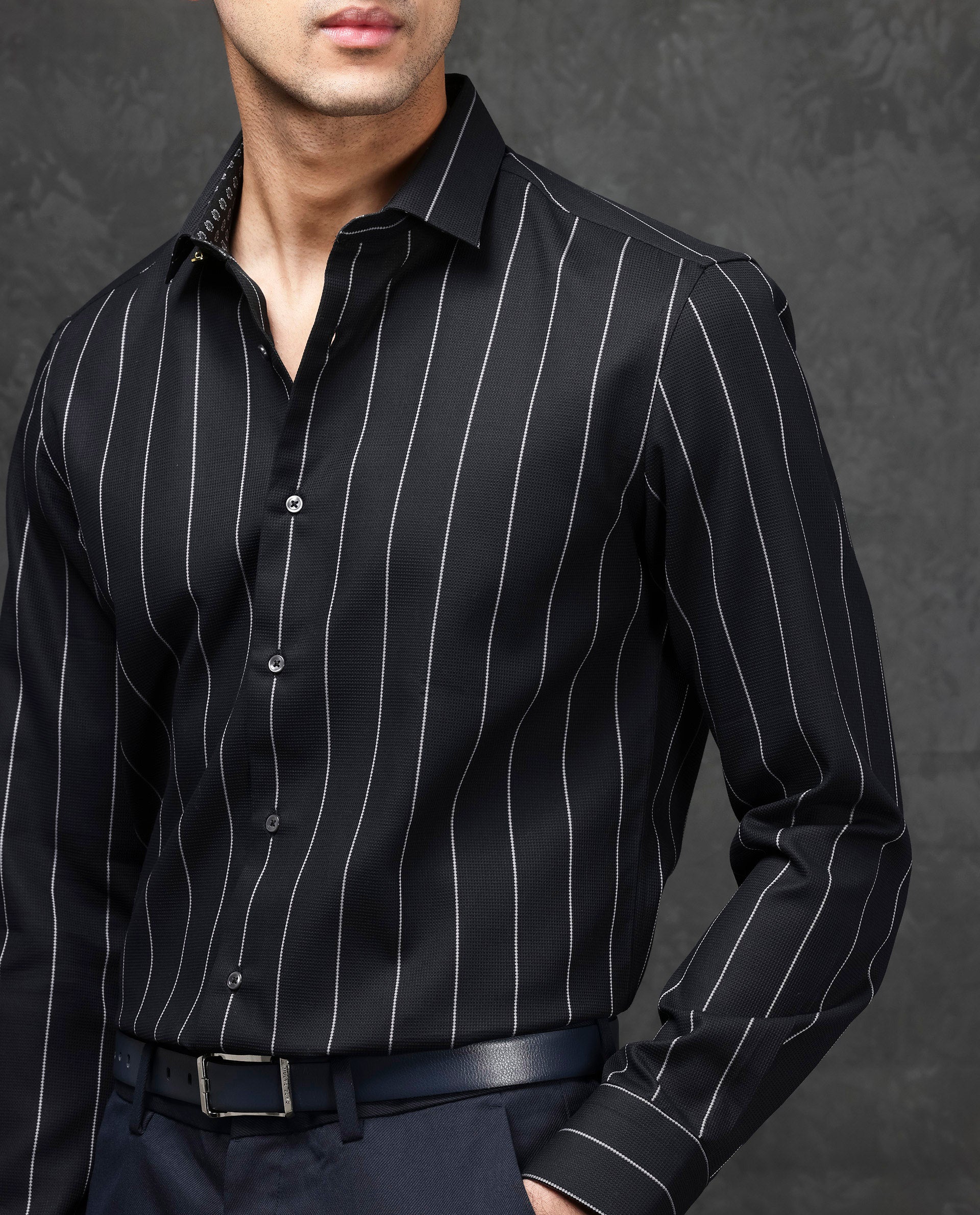 Rare Rabbit Mens Forty Black Cotton Fabric Full Sleeve Regular Fit Self Stripe Dobby Shirt