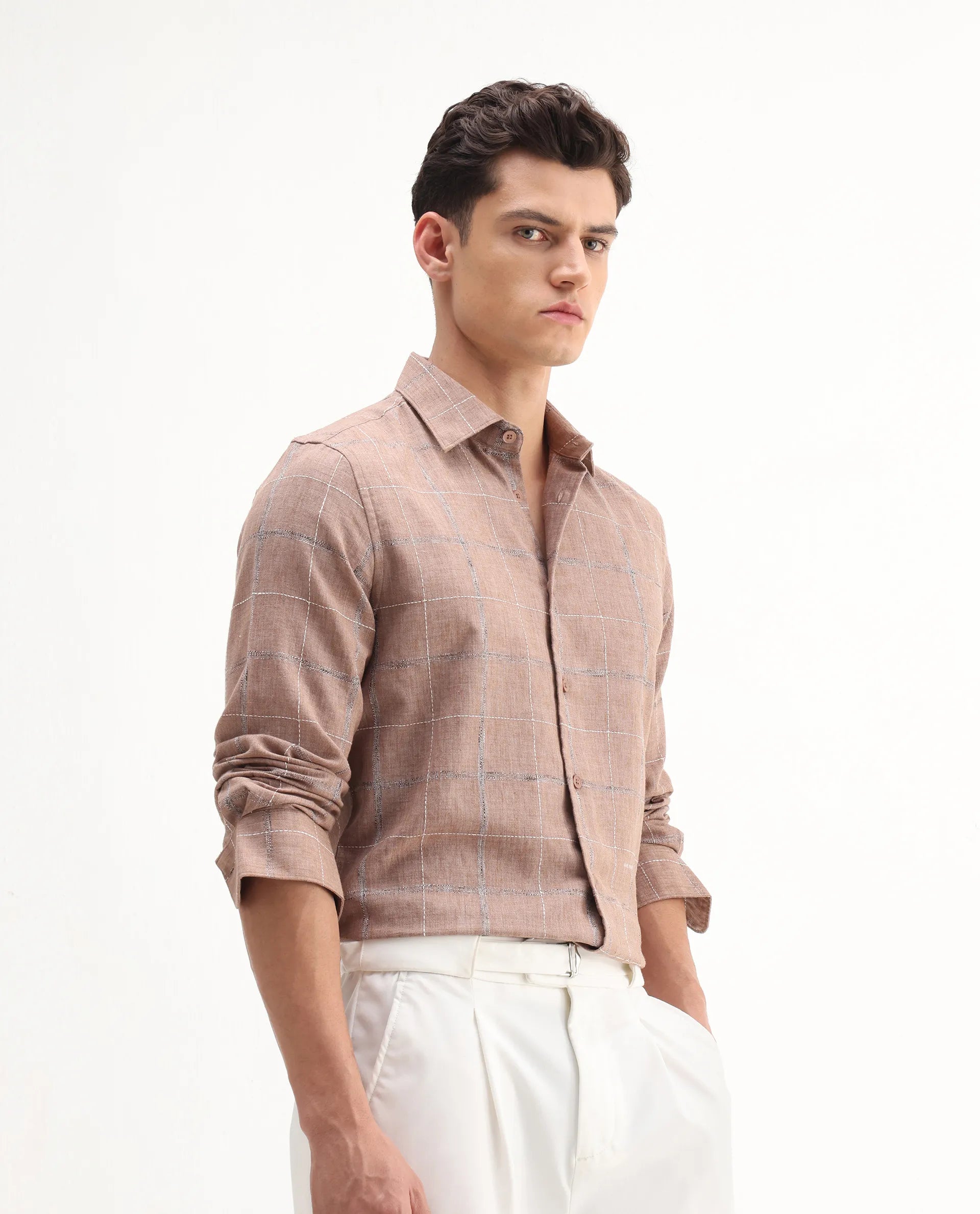 Rare Rabbit Men's Foter Bronze Polyester Blend Embroidered Regular Fit Full Sleeve Collared Shirt