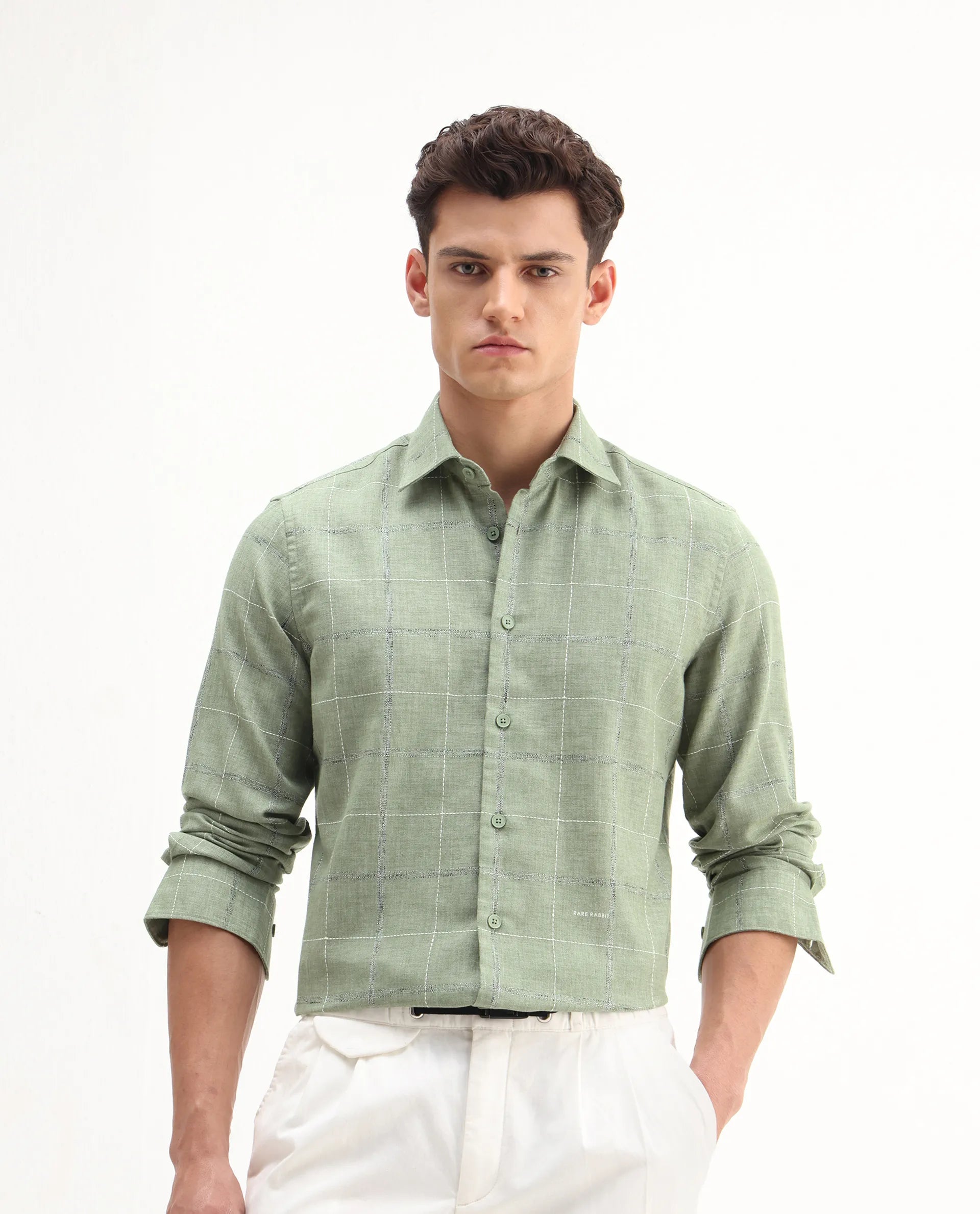 Rare Rabbit Men's Foter Green Polyester Blend Embroidered Regular Fit Full Sleeve Collared Shirt