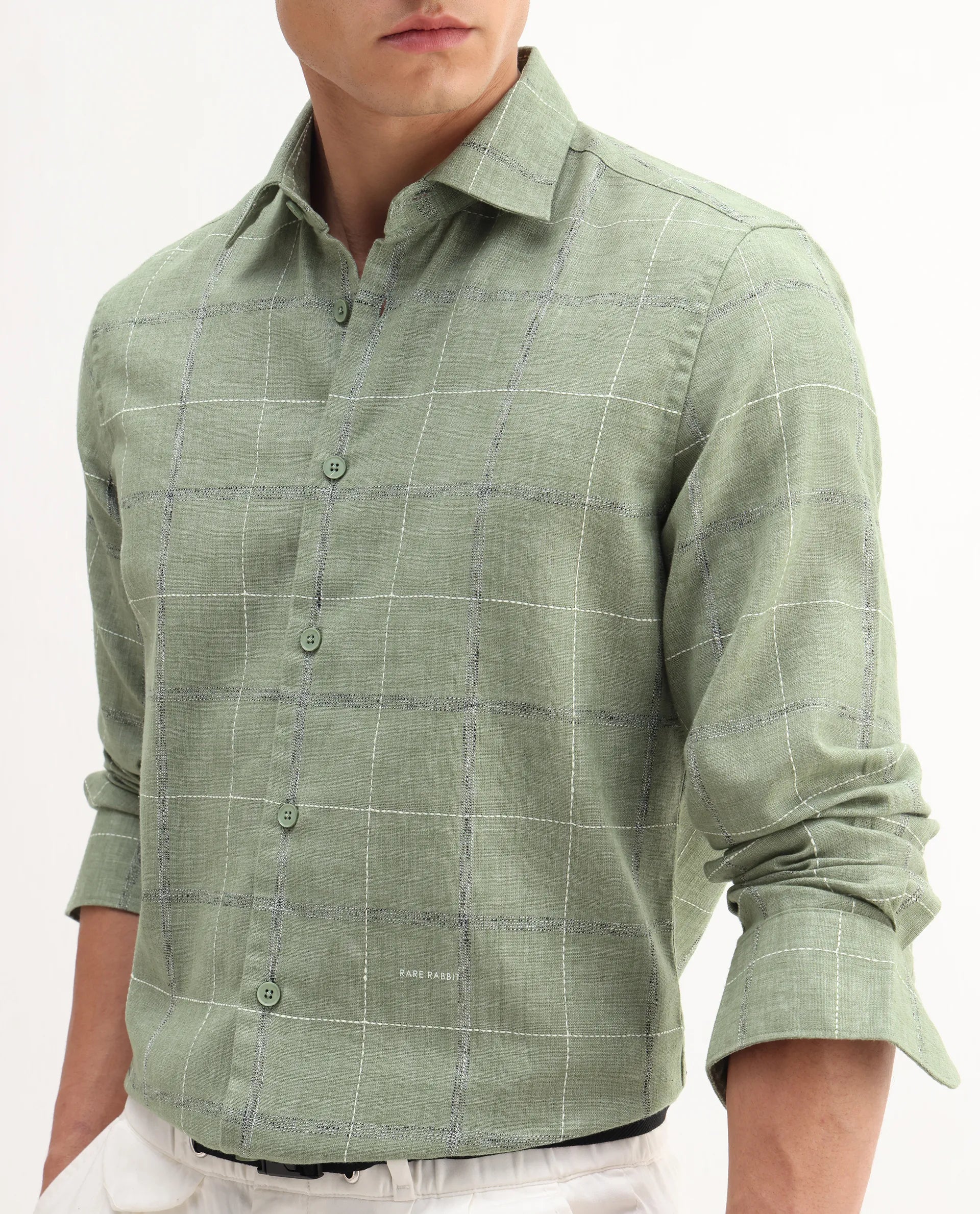 Rare Rabbit Men's Foter Green Polyester Blend Embroidered Regular Fit Full Sleeve Collared Shirt