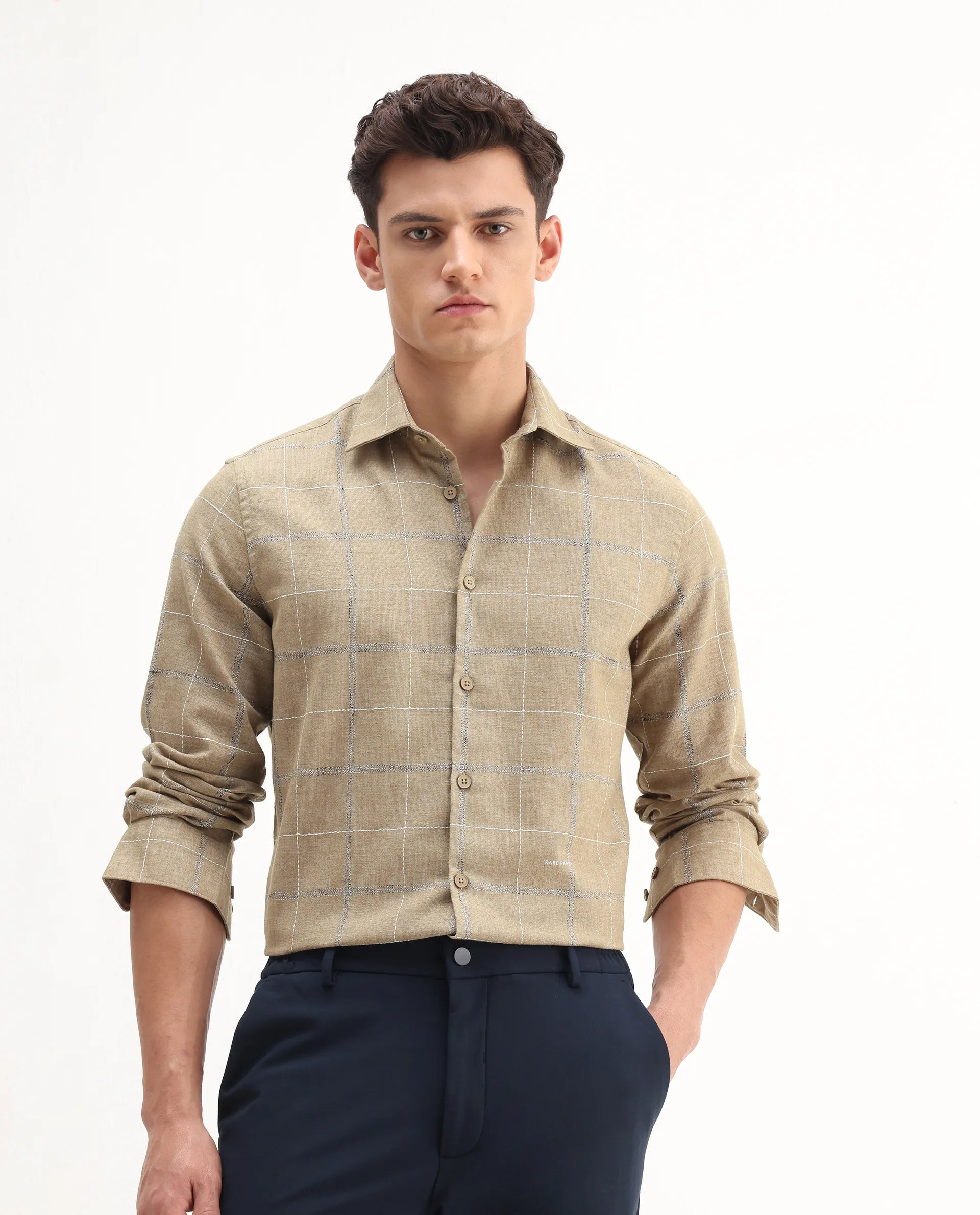 Rare Rabbit Men's Foter Khaki Polyester Blend Embroidered Regular Fit Full Sleeve Collared Shirt