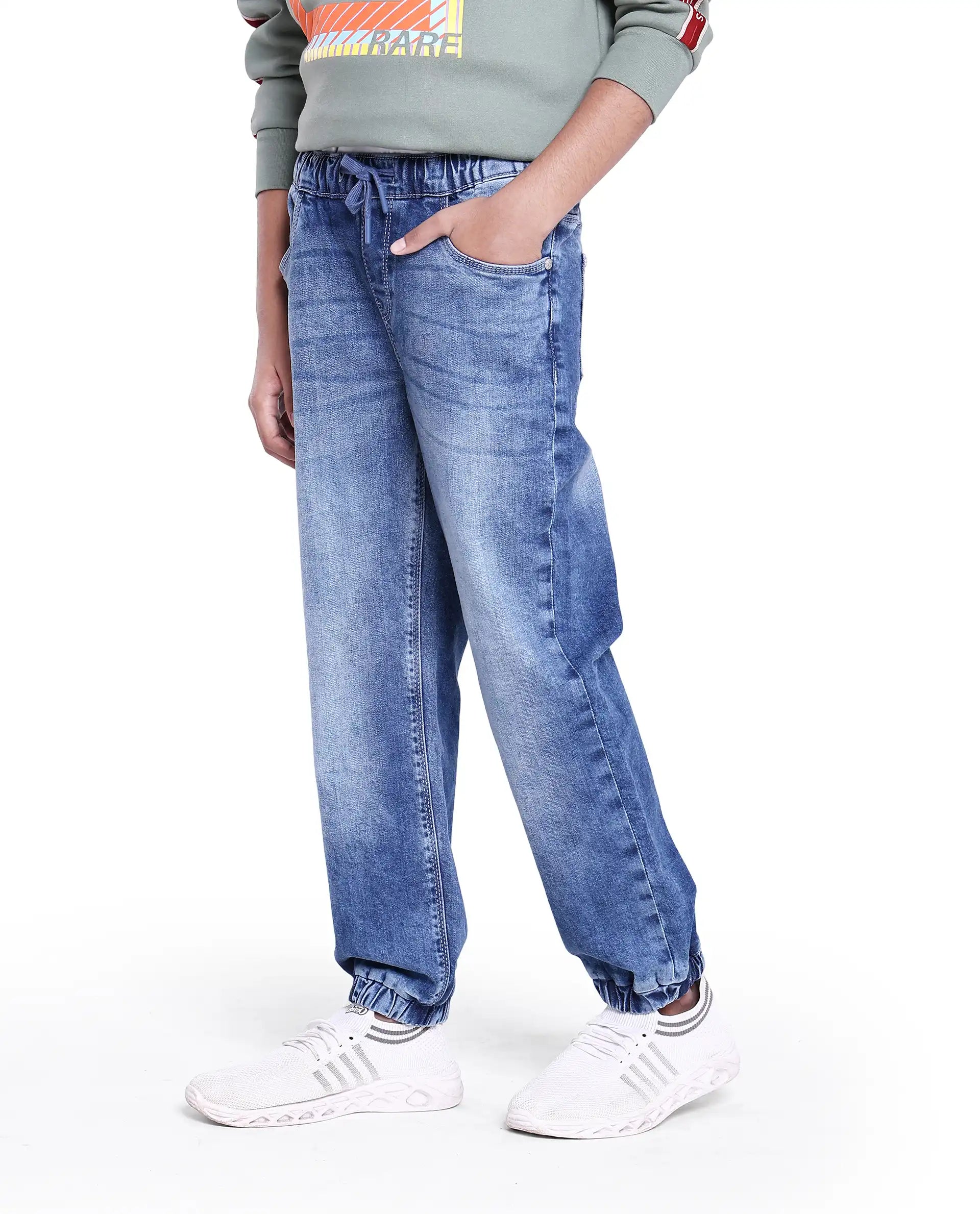 Rare Ones Kids Fox Light Blue Cotton Solid Slim Fit Denim Pant
