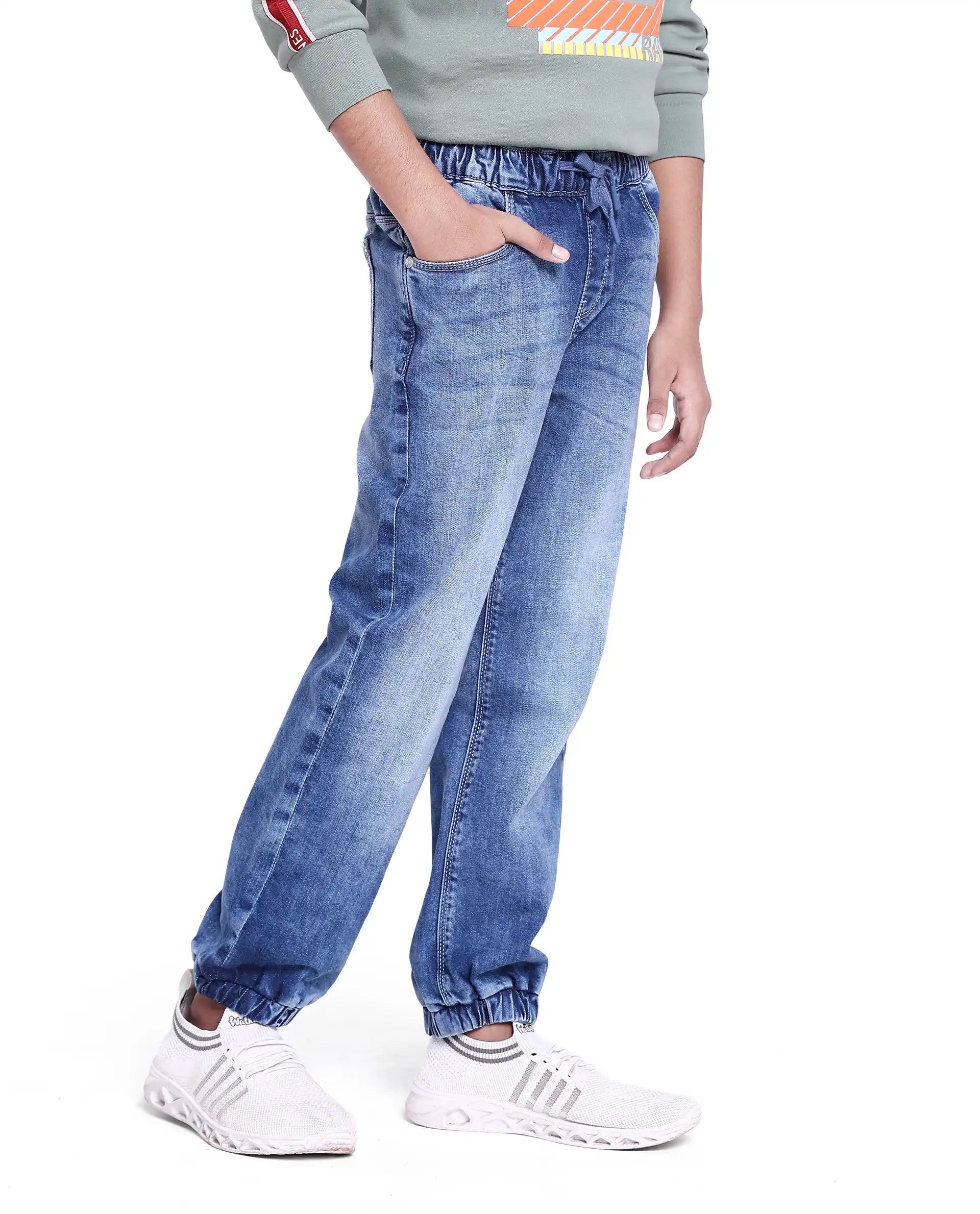 Rare Ones Kids Fox Light Blue Cotton Solid Slim Fit Denim Pant