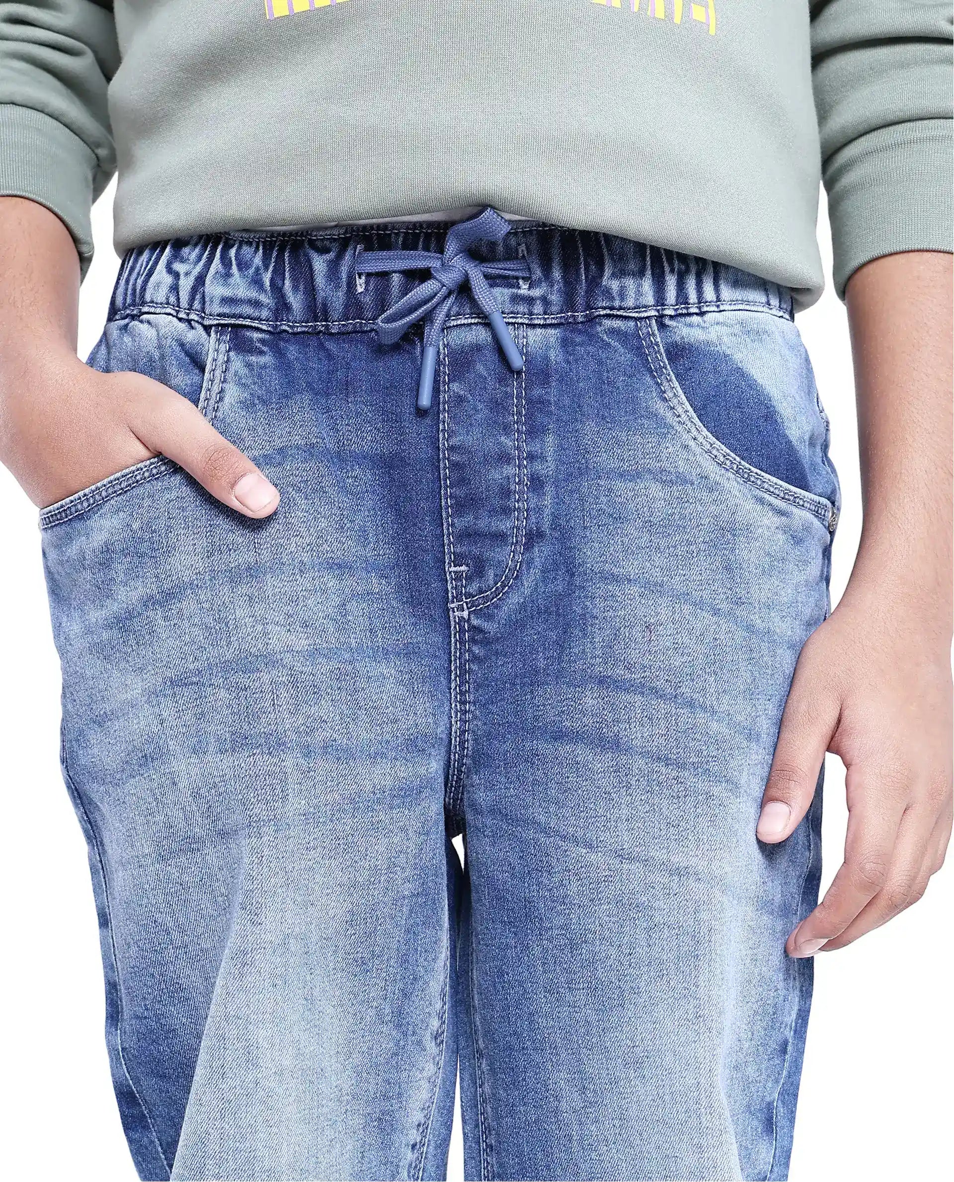 Rare Ones Kids Fox Light Blue Cotton Solid Slim Fit Denim Pant