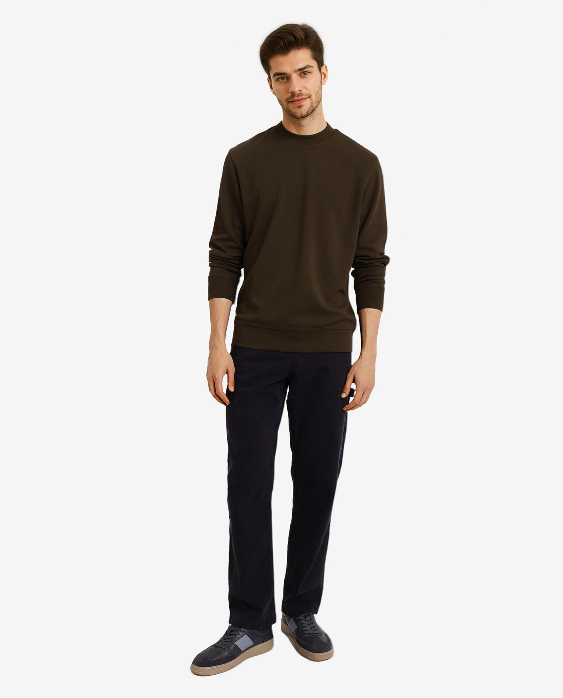 Rare Rabbit Men Foy Olive Cotton Fabric Full Sleeve Crew Neck Regular Fit Cavalry Twill Plain Sweatshirt