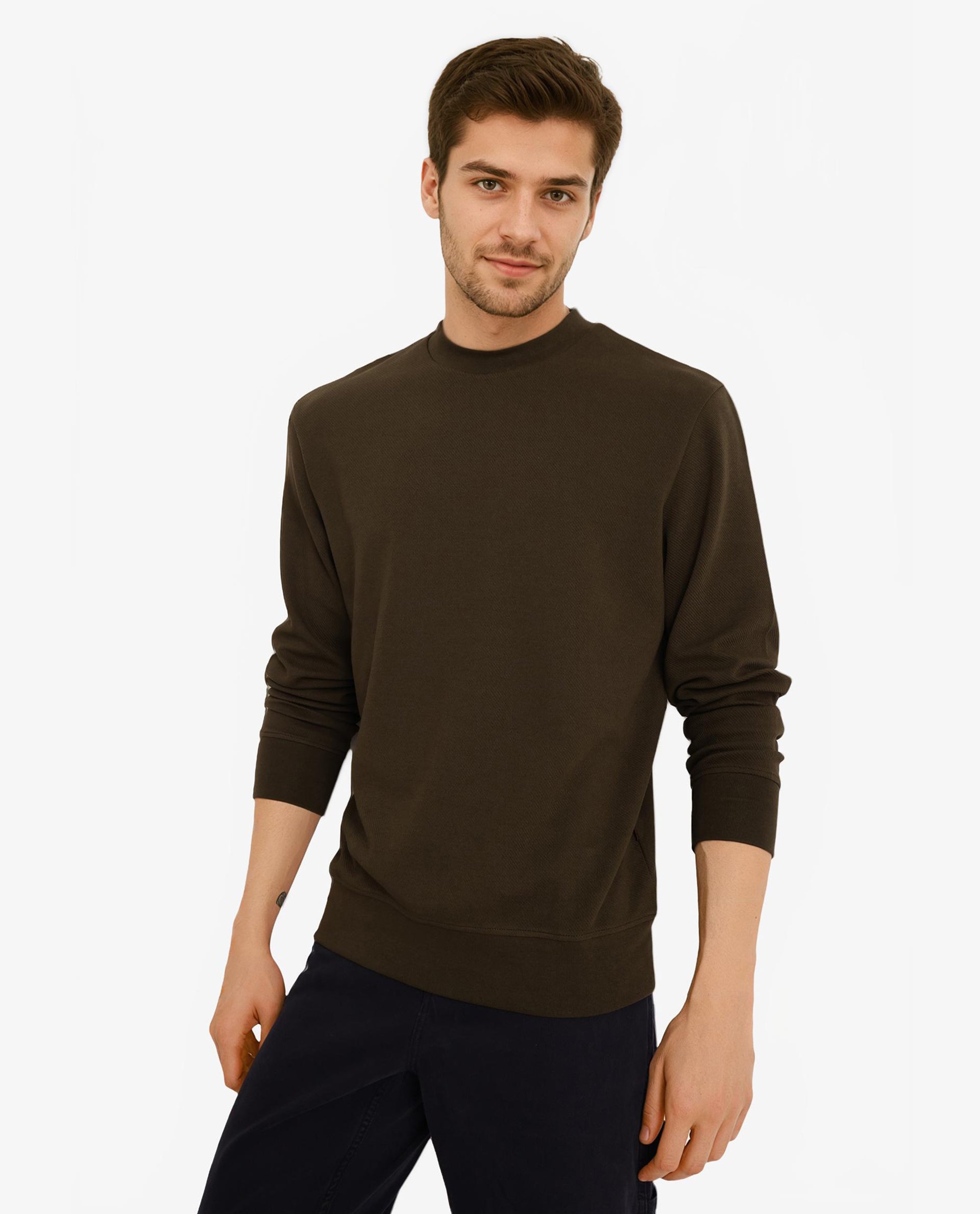 Rare Rabbit Men Foy Olive Cotton Fabric Full Sleeve Crew Neck Regular Fit Cavalry Twill Plain Sweatshirt