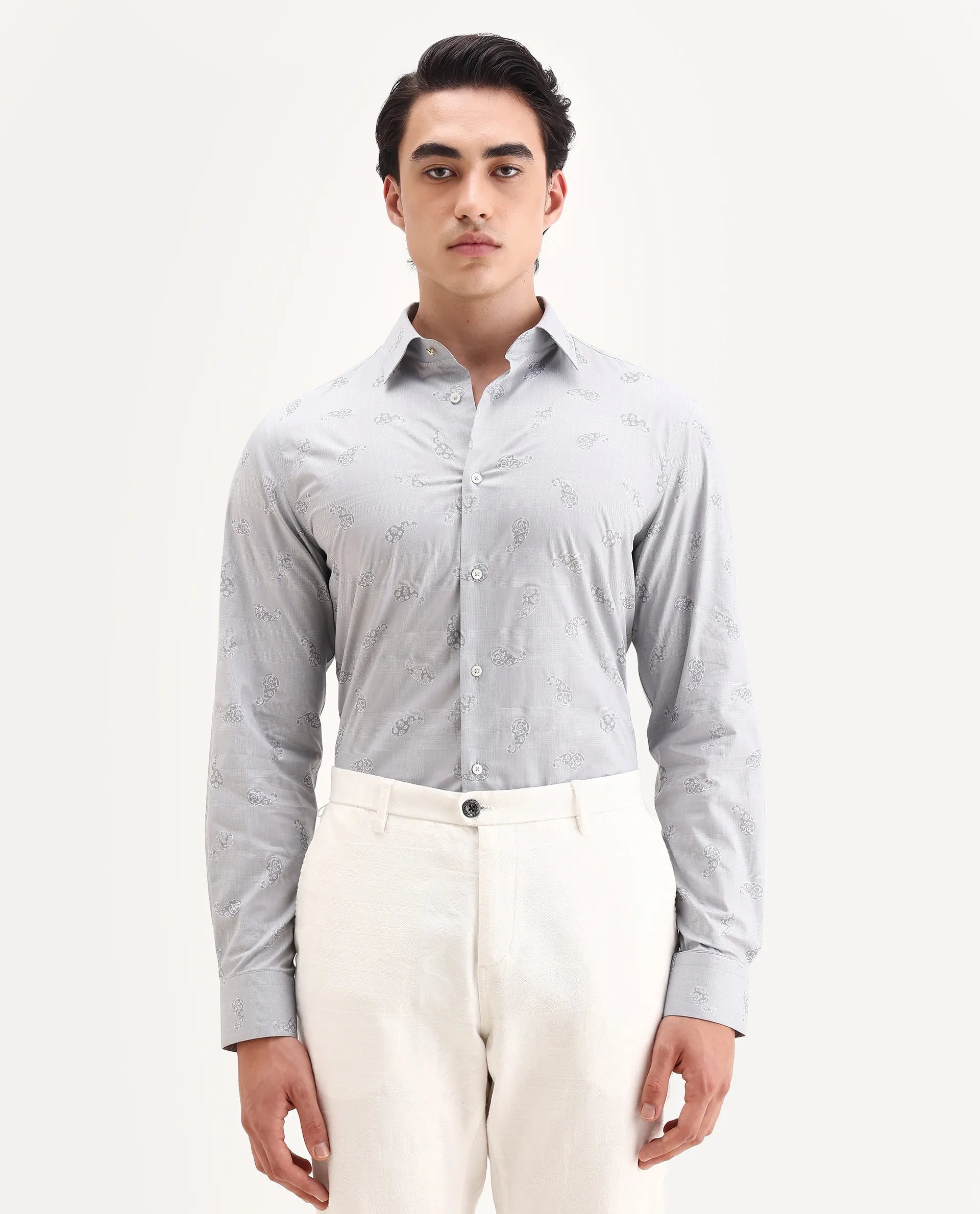 Rare Rabbit Men's Frab Grey Cotton Blend Spread Collar Regular Fit Checked Shirt