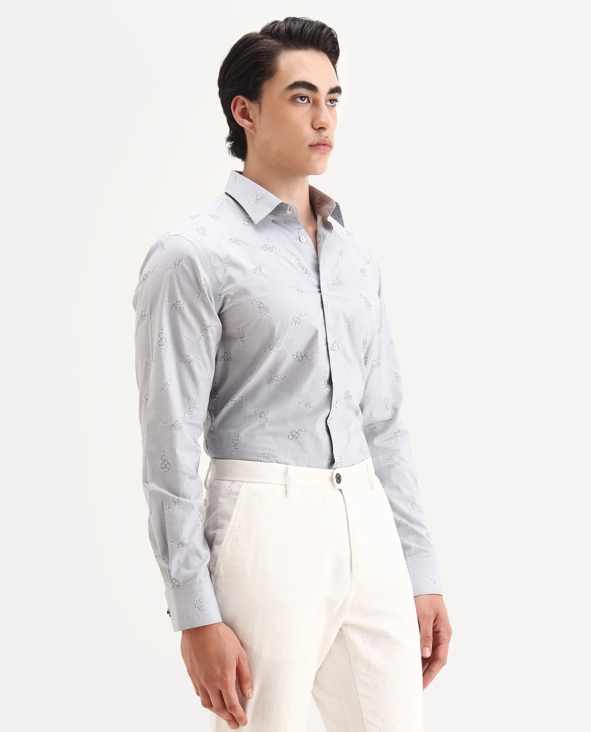 Rare Rabbit Men's Frab Grey Cotton Blend Spread Collar Regular Fit Checked Shirt