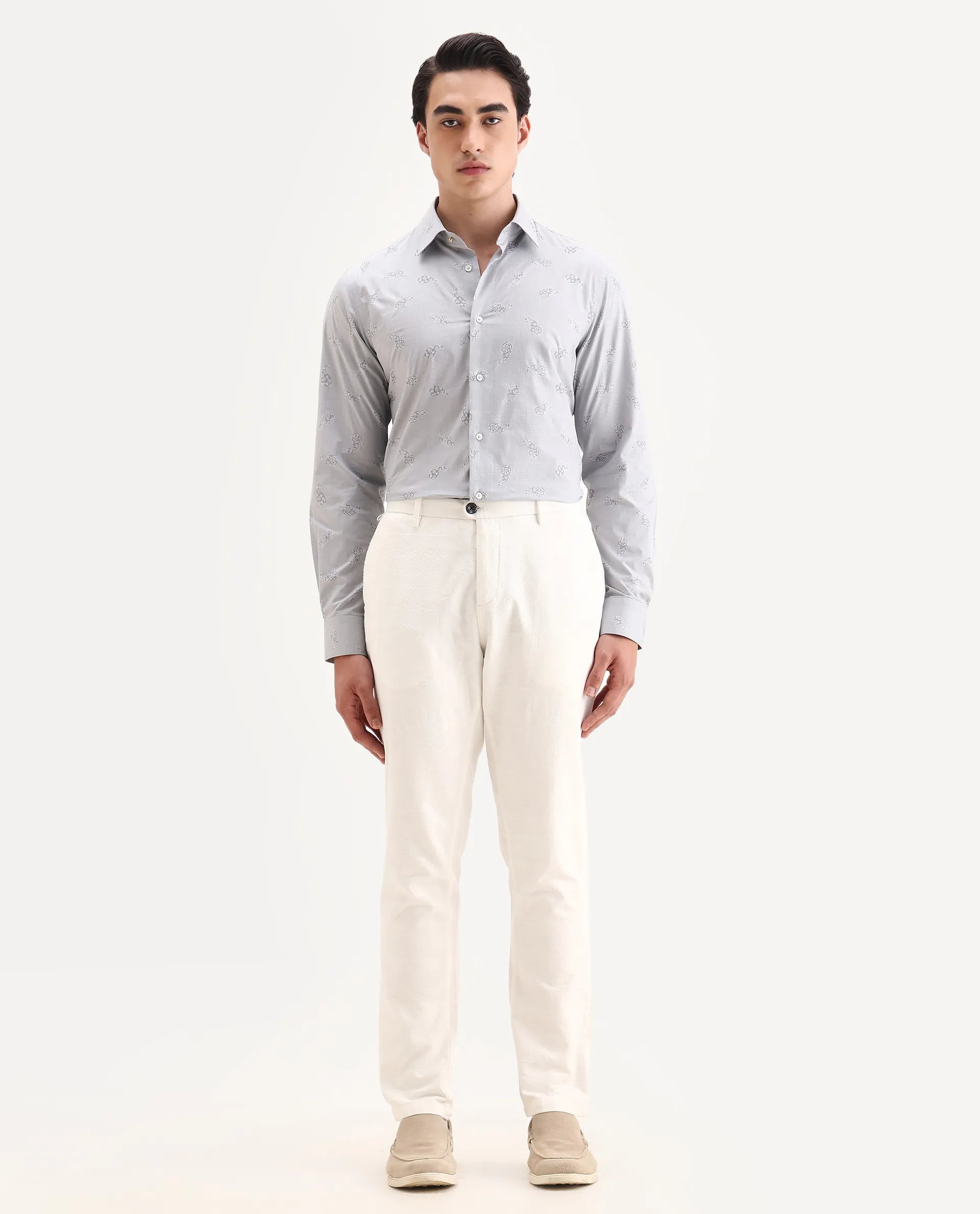 Rare Rabbit Men's Frab Grey Cotton Blend Spread Collar Regular Fit Checked Shirt