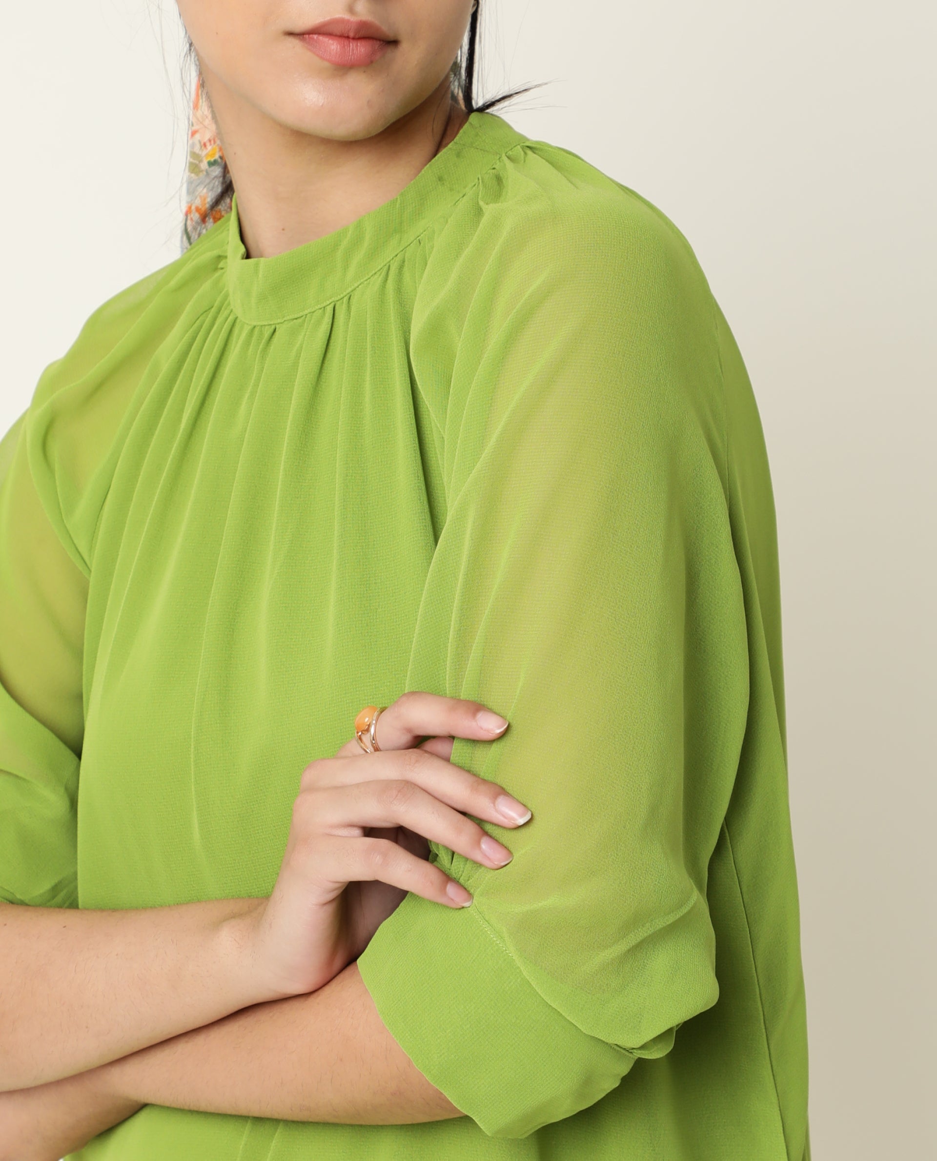 Rareism Women Frag Green High Collared Neck With Gathers Short Sleeves With Cuff Back Button Closure Midi Dress