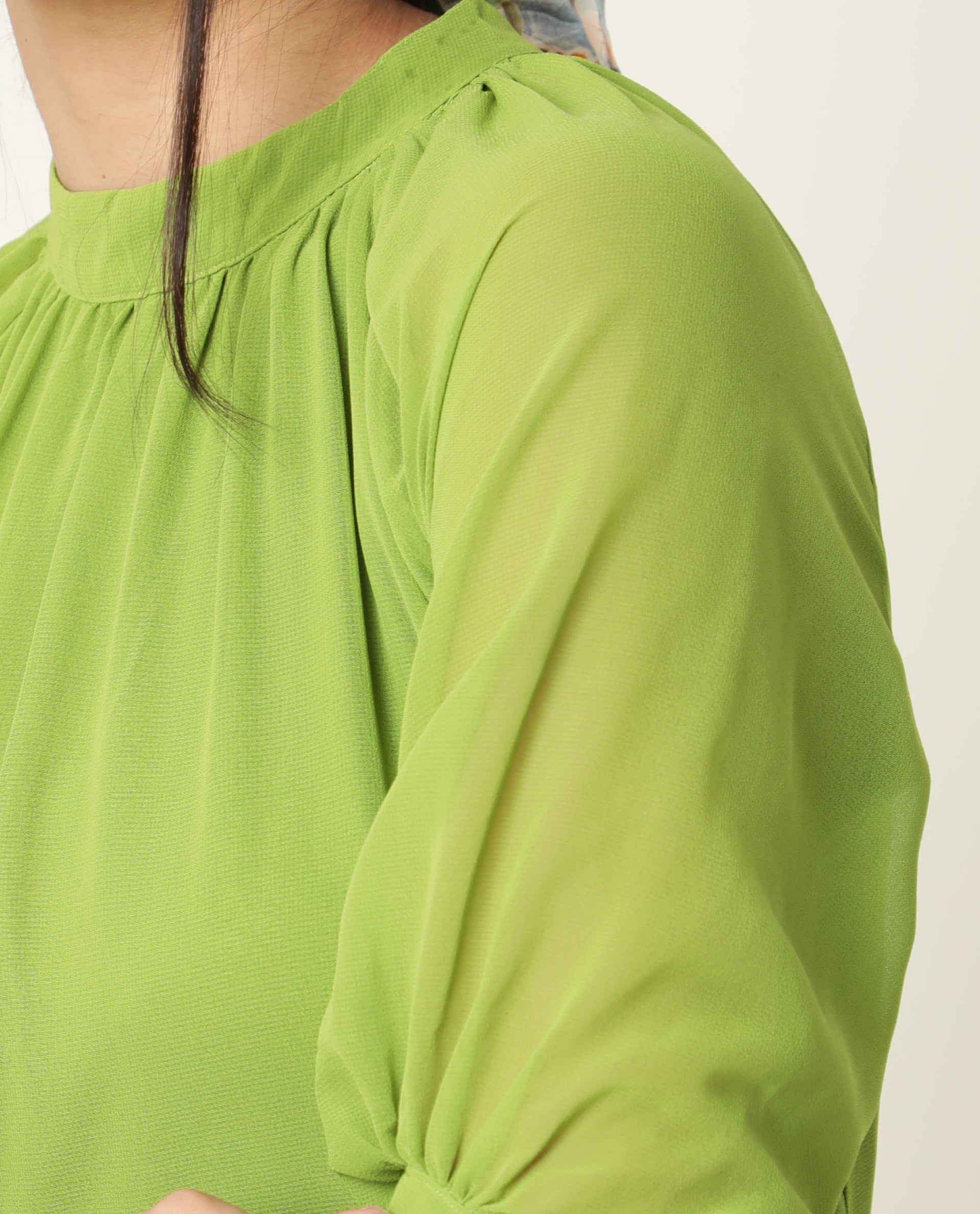 Rareism Women Frag Green High Collared Neck With Gathers Short Sleeves With Cuff Back Button Closure Midi Dress