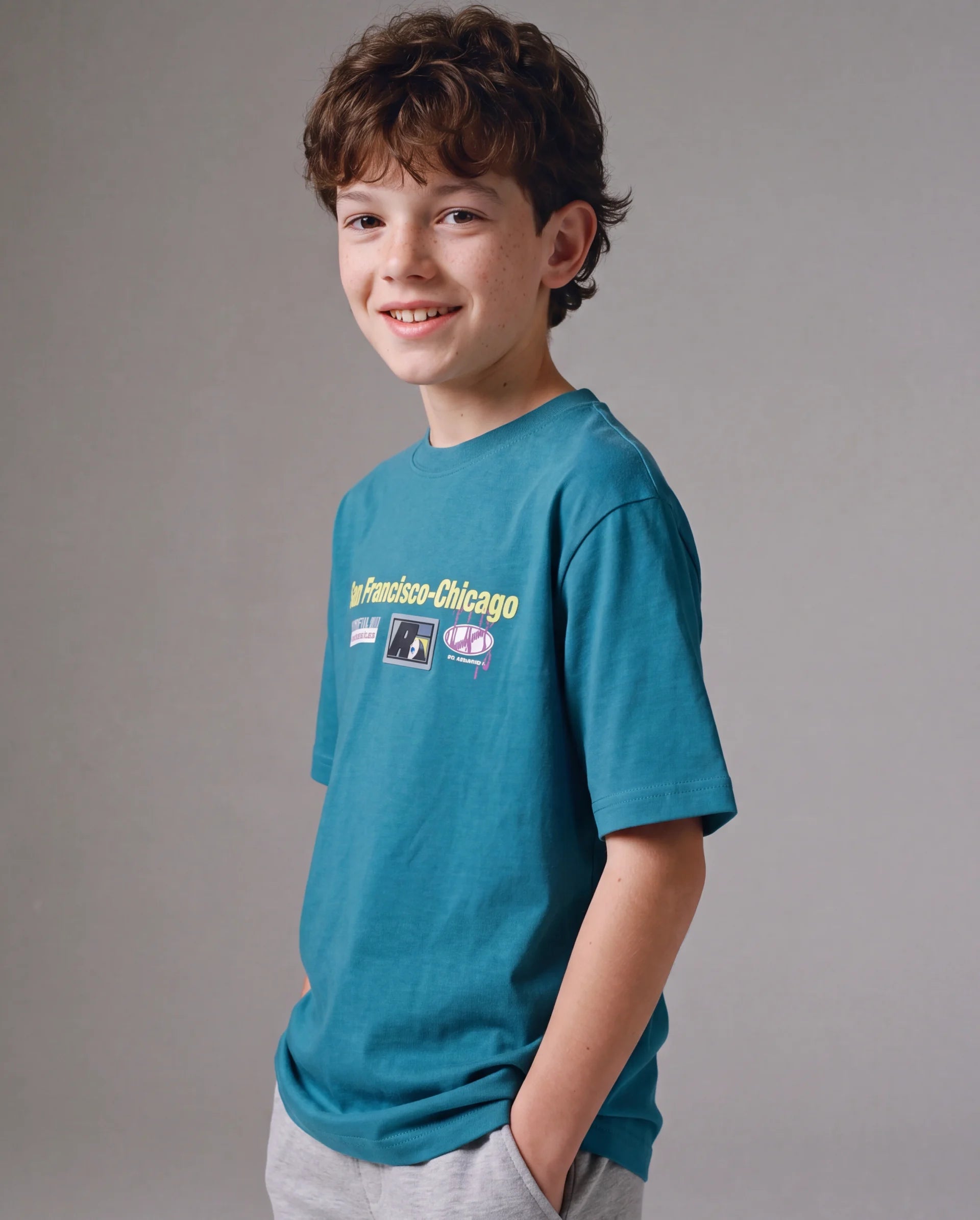 Rare Ones Kids Fran Teal Cotton Blend Fabric Pull-On Closure Regular Fit Graphic Print T-Shirt