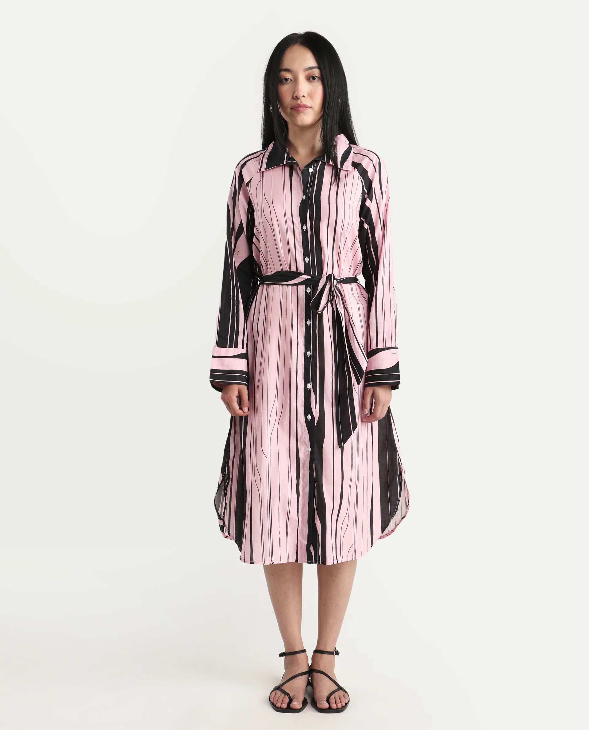 Rareism Women's Fraser Dark Pink Cotton Spread Collar Striped Cuffed Sleeve Midi Fit And Flare Dress
