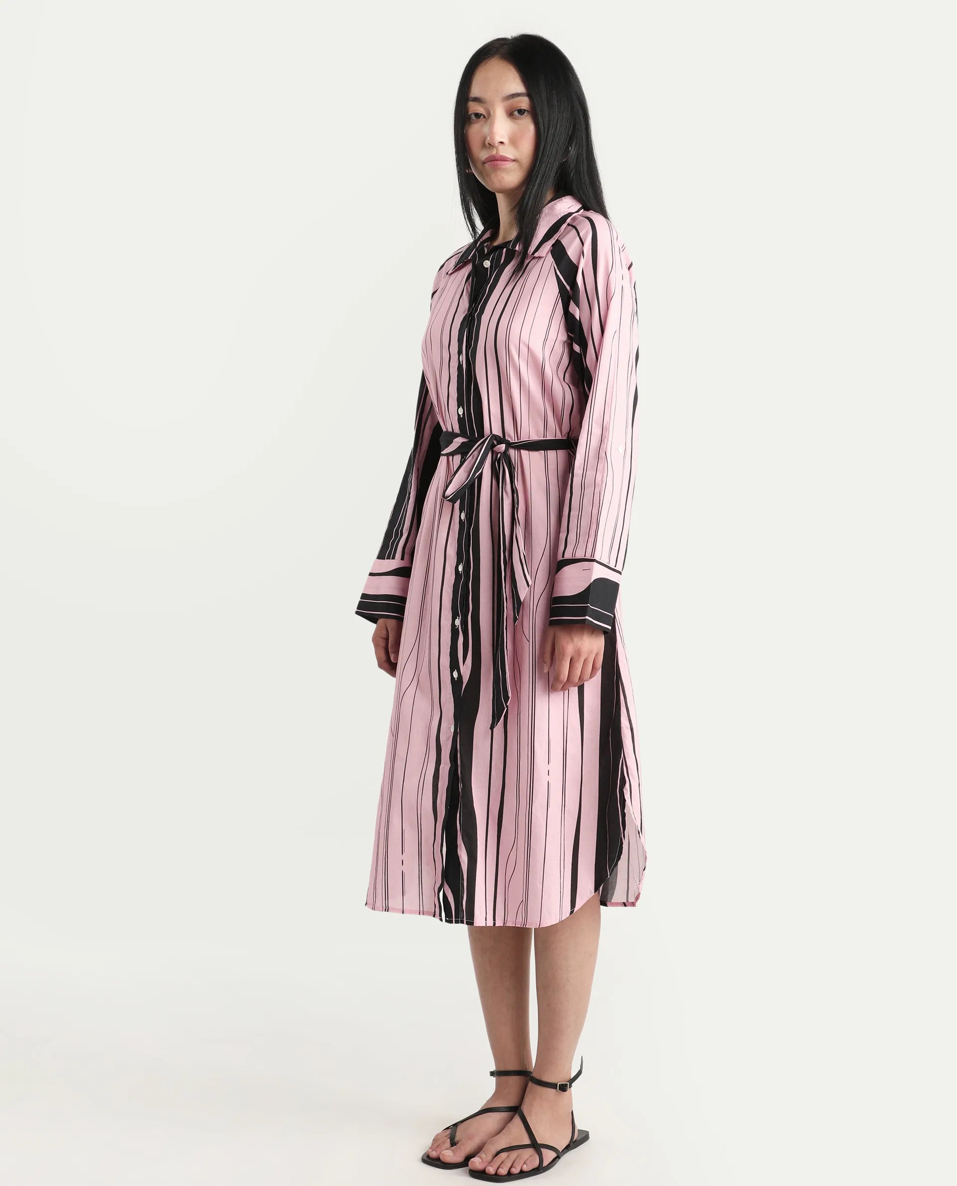 Rareism Women's Fraser Dark Pink Cotton Spread Collar Striped Cuffed Sleeve Midi Fit And Flare Dress