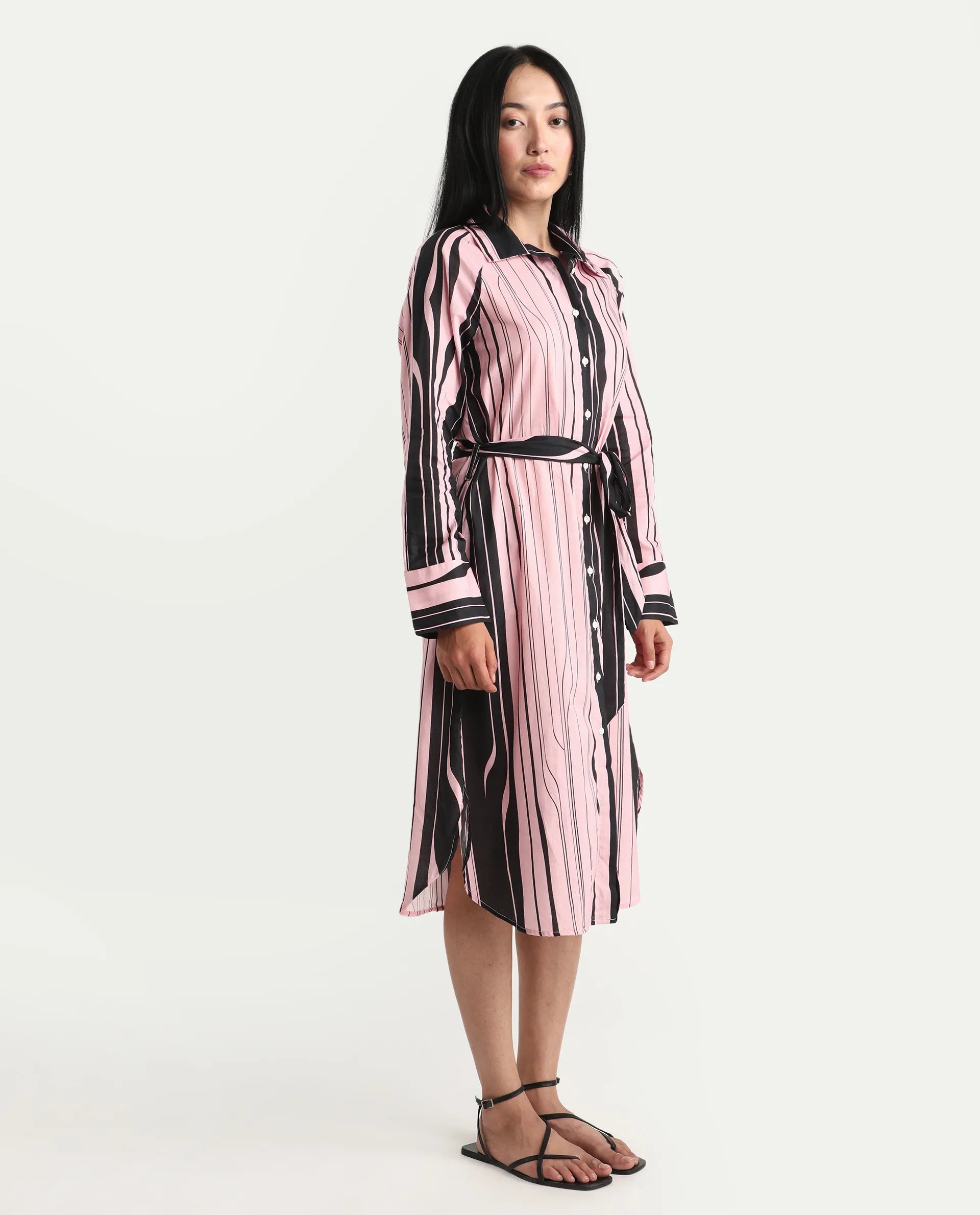 Rareism Women's Fraser Dark Pink Cotton Spread Collar Striped Cuffed Sleeve Midi Fit And Flare Dress