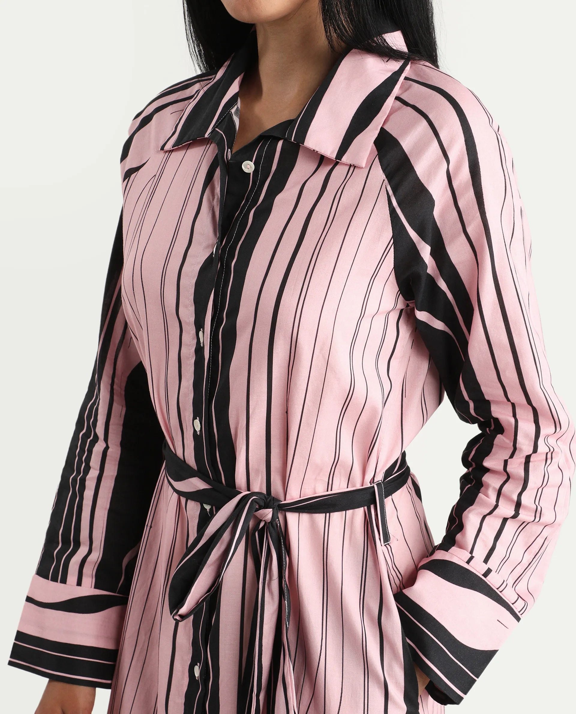 Rareism Women's Fraser Dark Pink Cotton Spread Collar Striped Cuffed Sleeve Midi Fit And Flare Dress