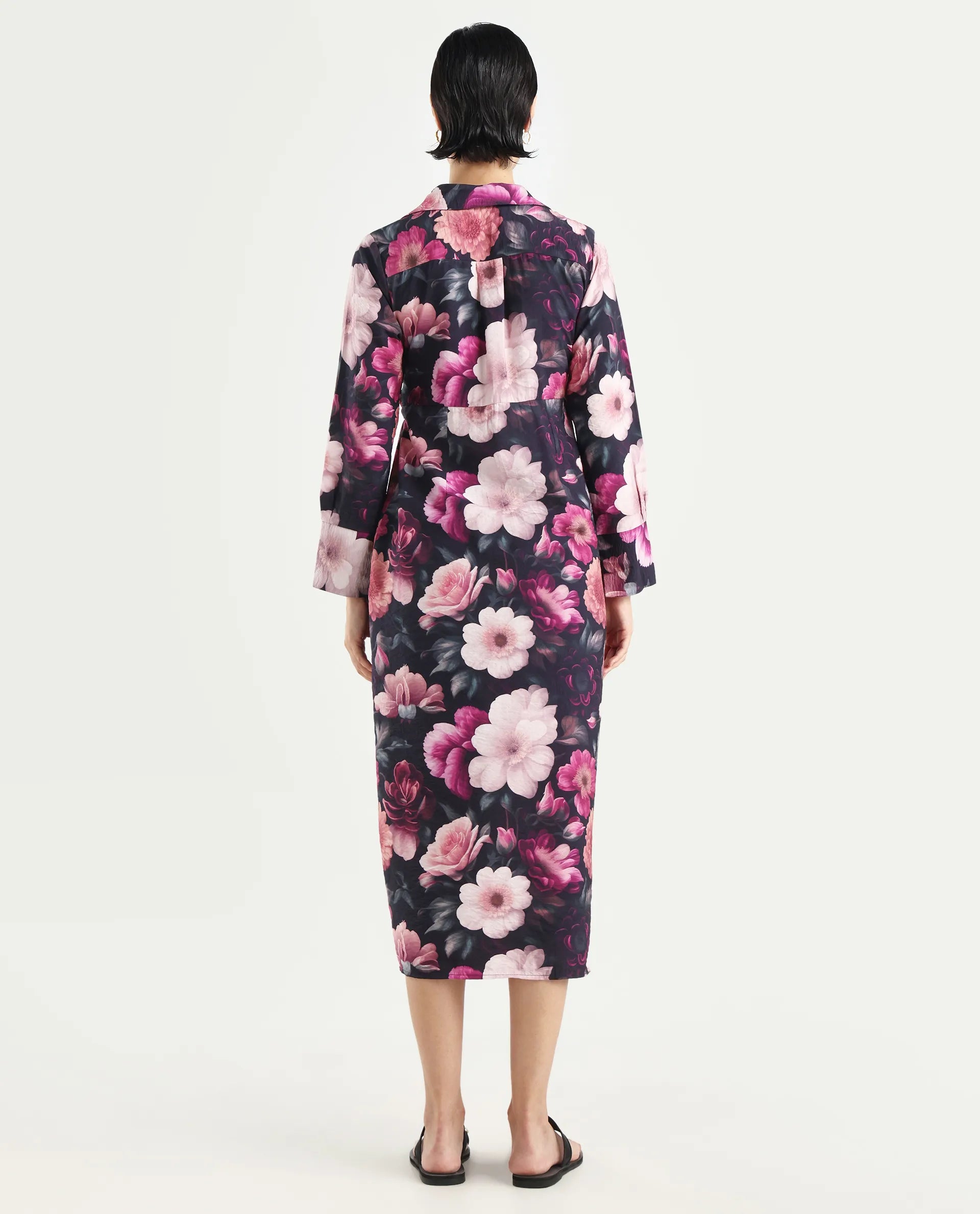 Rareism Women's Frastio Black Viscose Blend Drop Collar Floral Print Extended Sleeves Maxi Straight Fit Dress