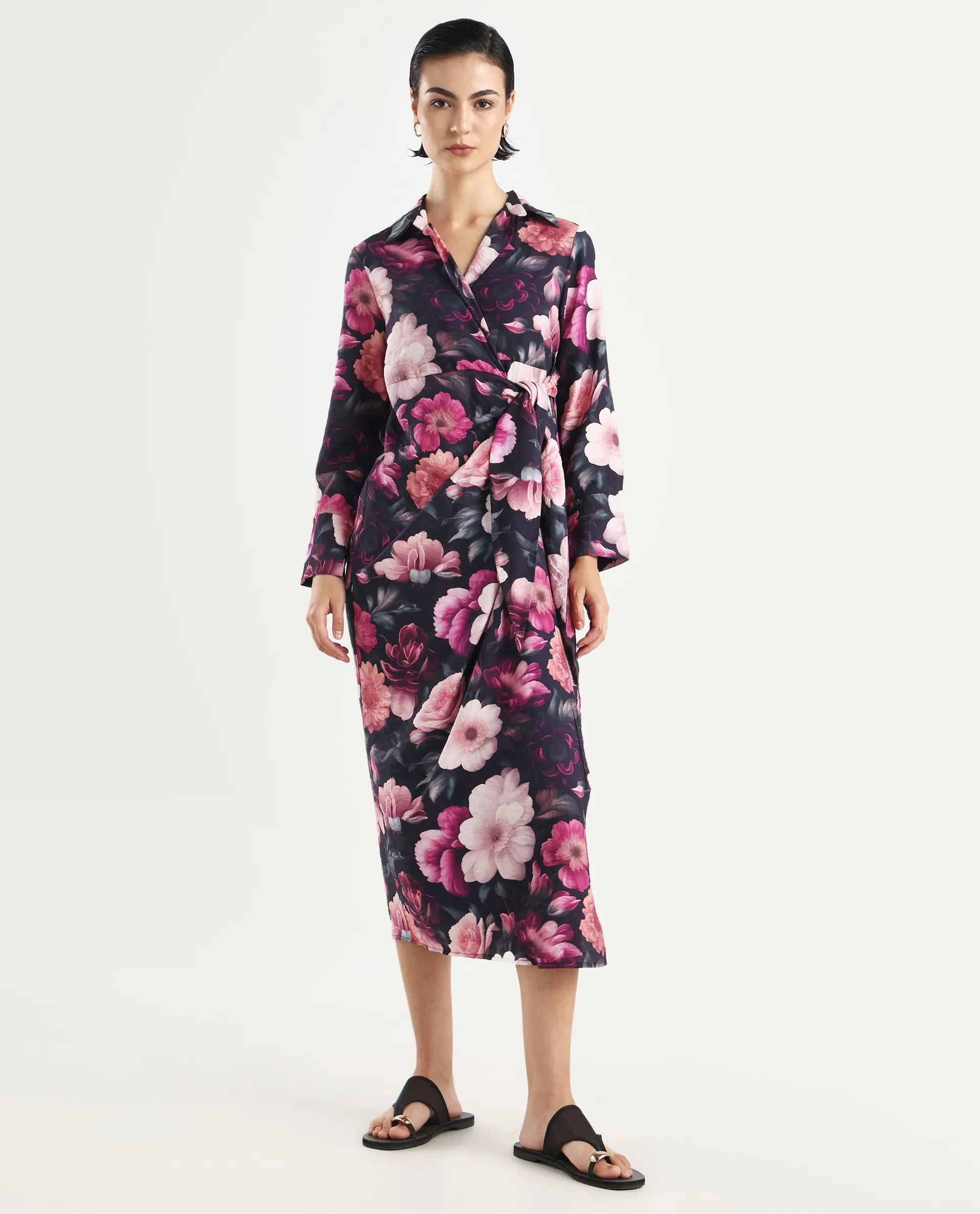 Rareism Women's Frastio Black Viscose Blend Drop Collar Floral Print Extended Sleeves Maxi Straight Fit Dress