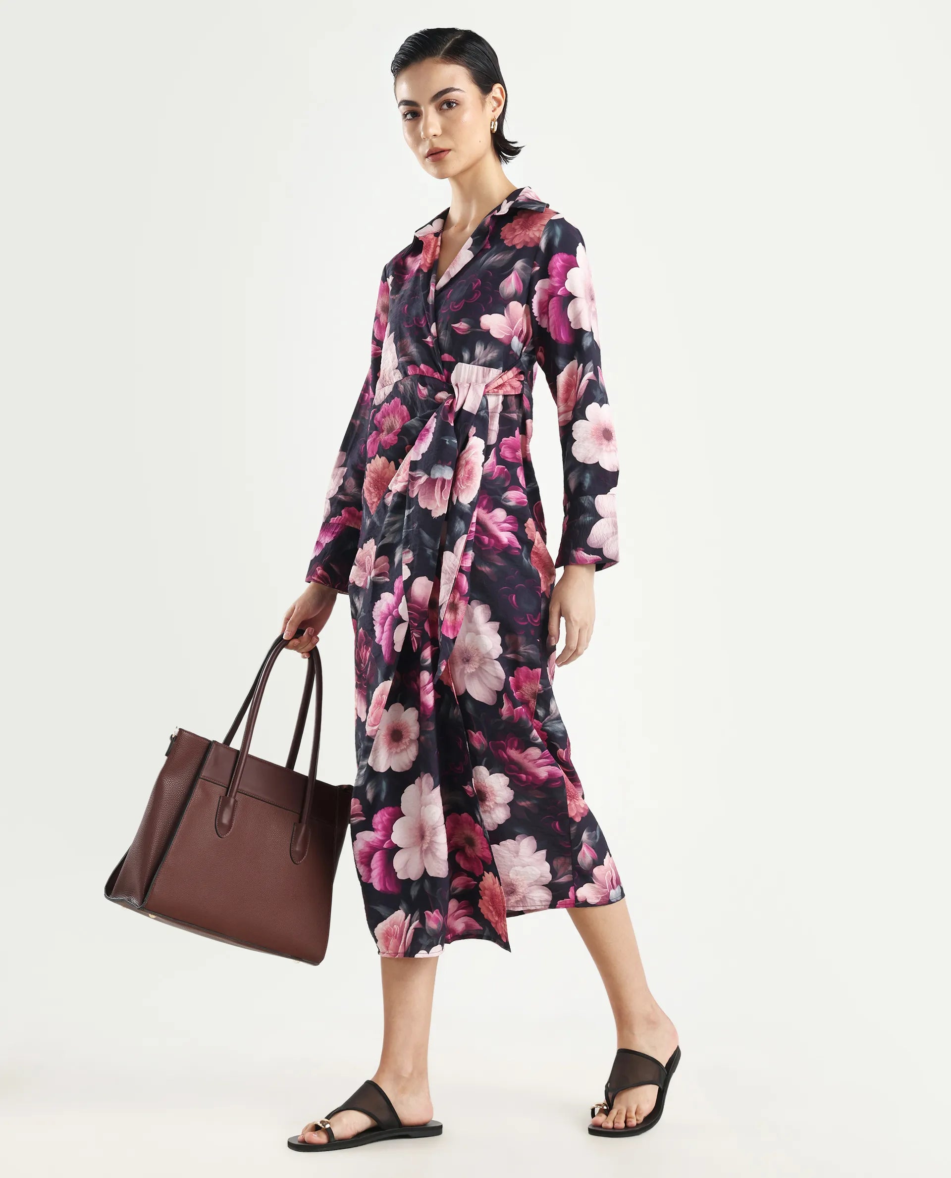 Rareism Women's Frastio Black Viscose Blend Drop Collar Floral Print Extended Sleeves Maxi Straight Fit Dress