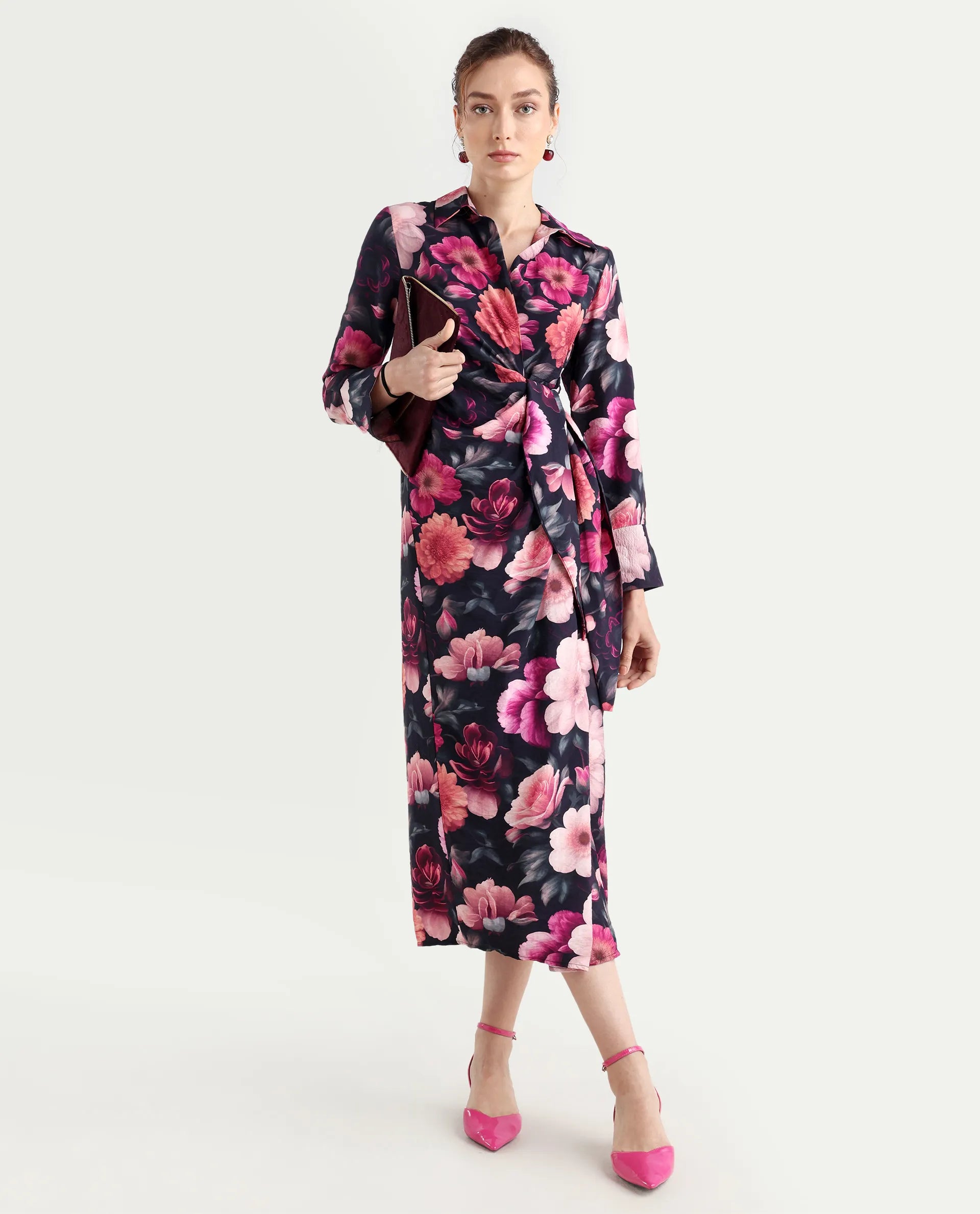 Rareism Women's Frastio Sc Black Viscose Blend Drop Collar Floral Print Extended Sleeves Maxi Straight Fit Dress