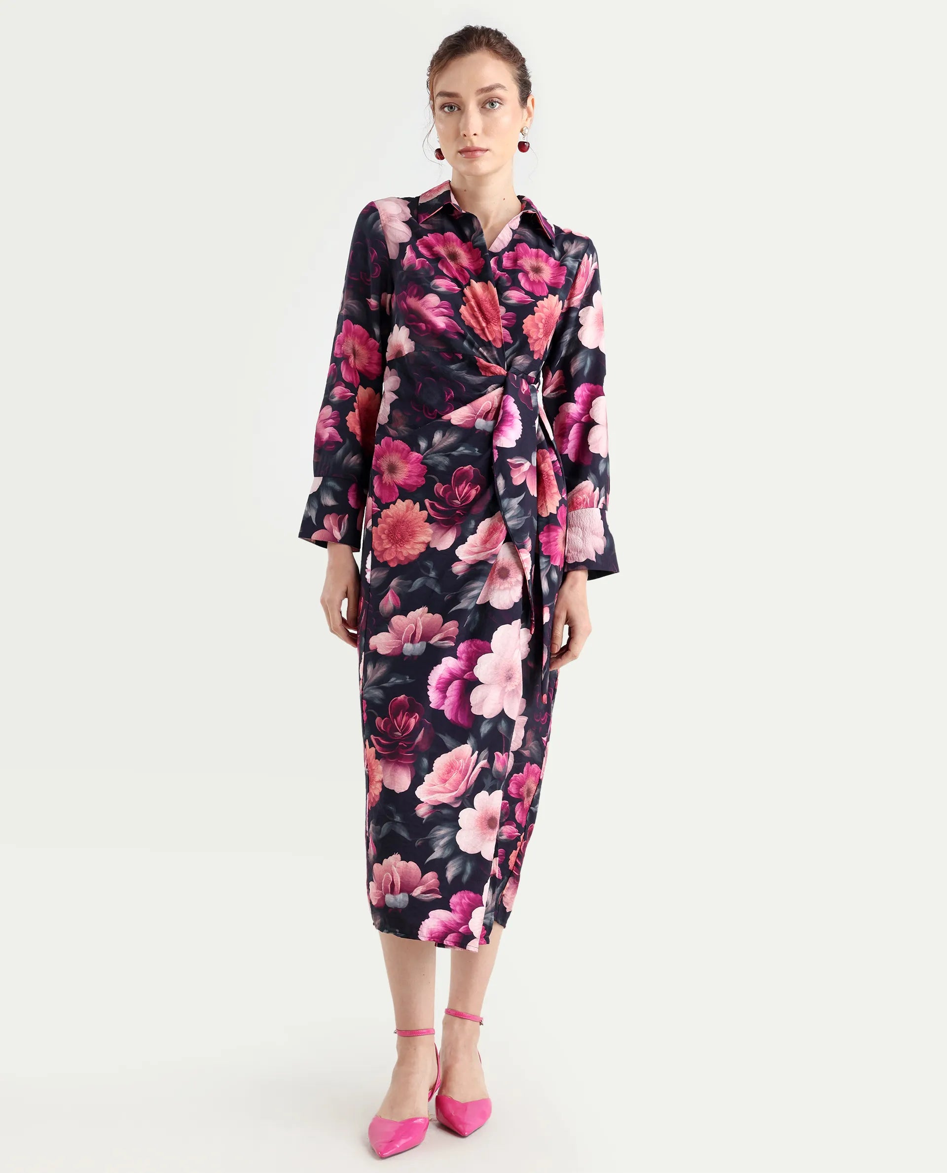 Rareism Women's Frastio Sc Black Viscose Blend Drop Collar Floral Print Extended Sleeves Maxi Straight Fit Dress