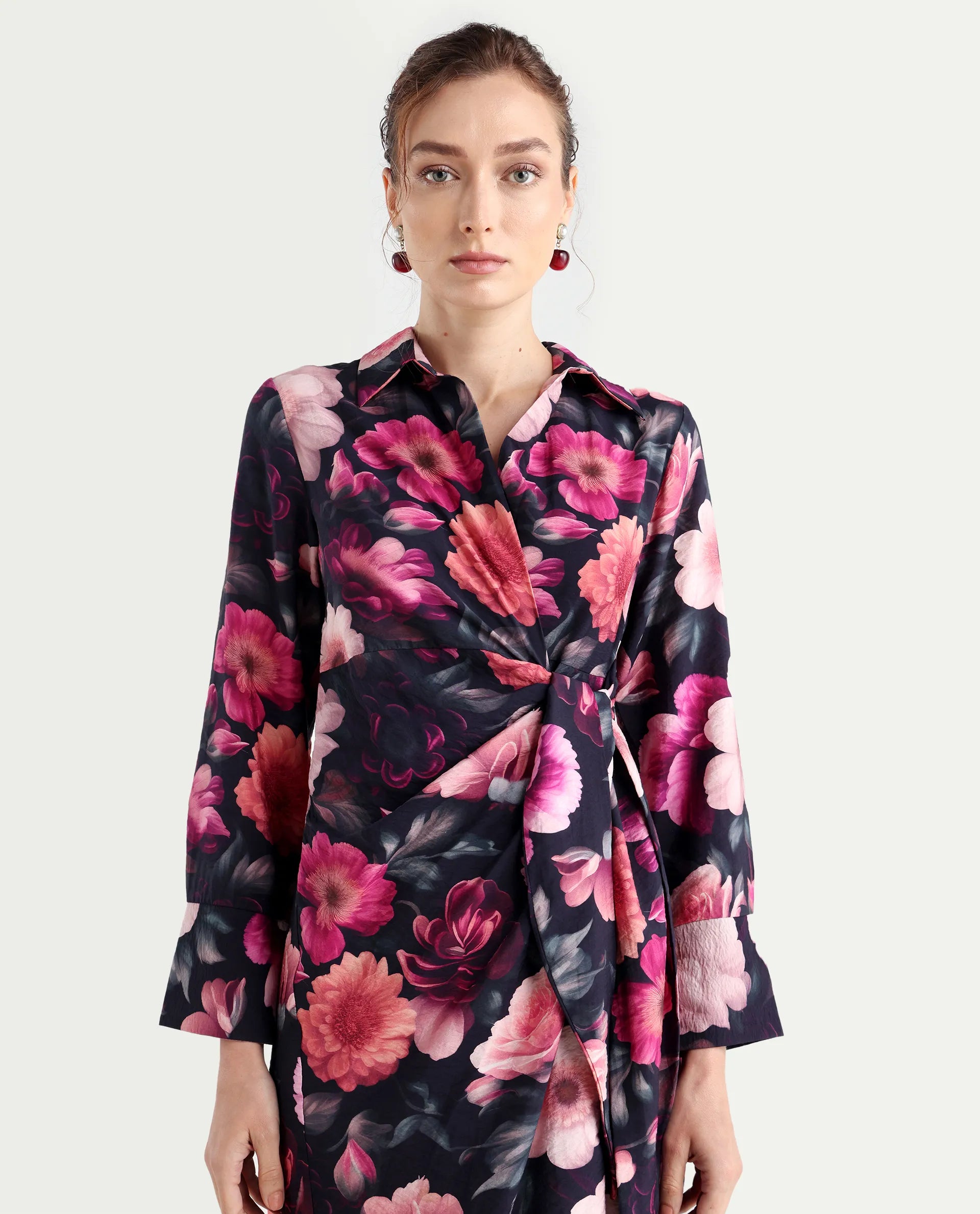 Rareism Women's Frastio Sc Black Viscose Blend Drop Collar Floral Print Extended Sleeves Maxi Straight Fit Dress