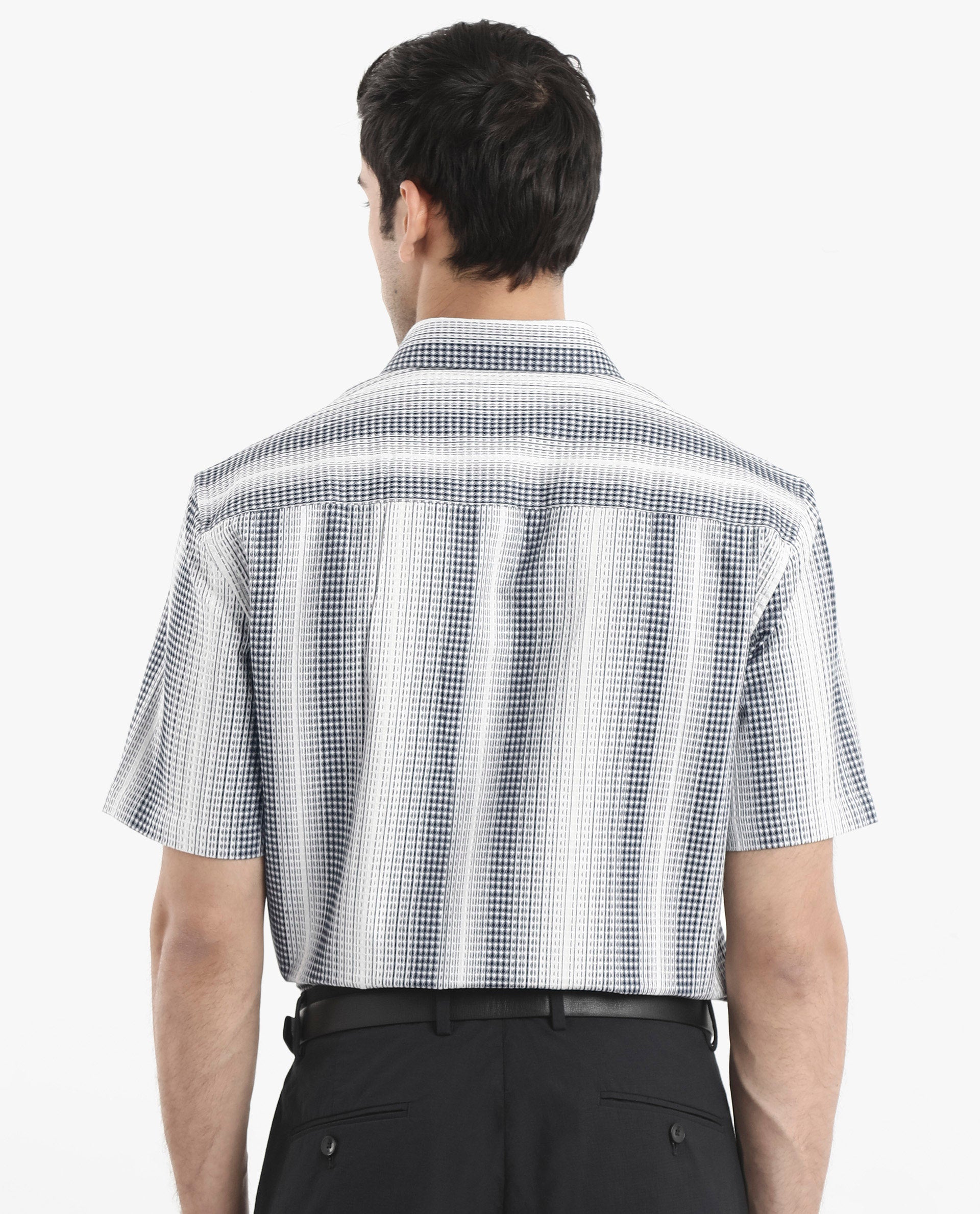 Rare Rabbit Men's Frawla Dark Blue Cotton Fabric Short Sleeve Boxy Fit Self Stripe Textured Shirt