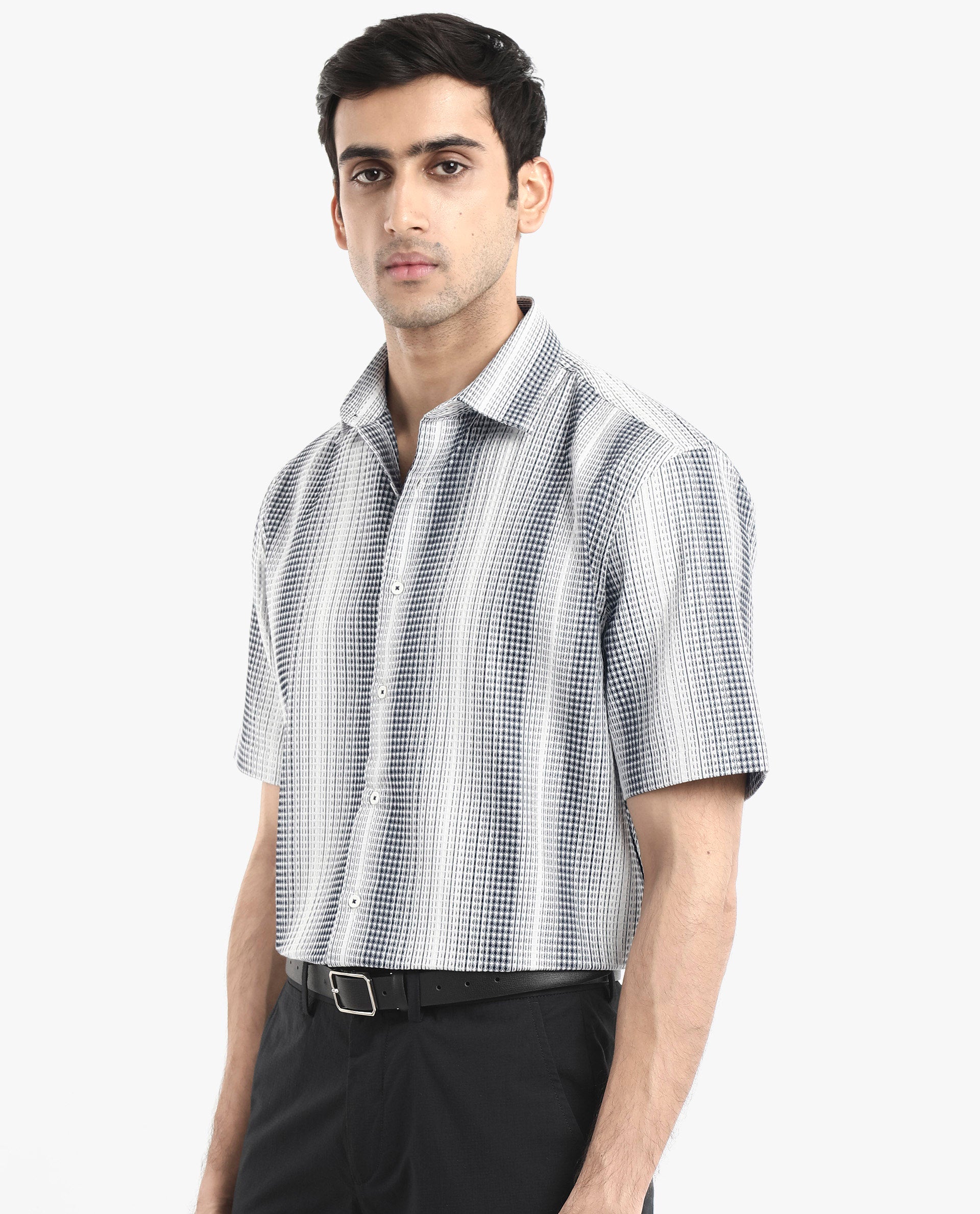 Rare Rabbit Men's Frawla Dark Blue Cotton Fabric Short Sleeve Boxy Fit Self Stripe Textured Shirt