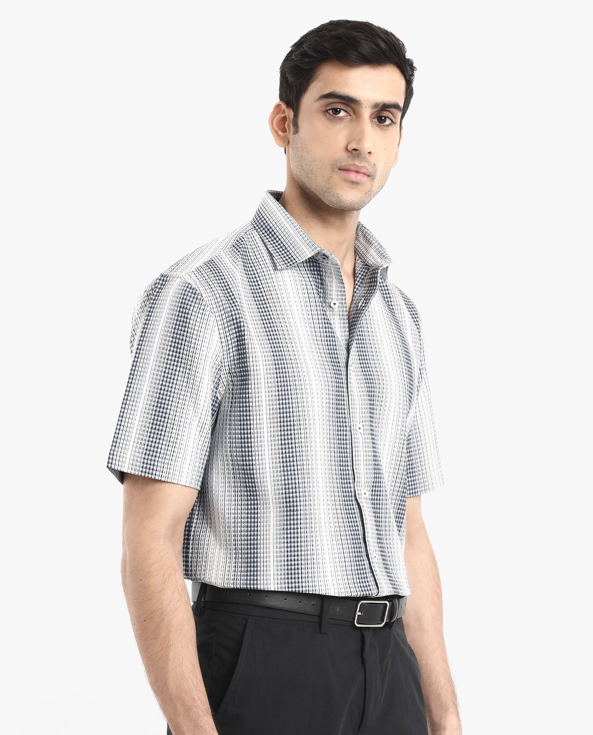 Rare Rabbit Men's Frawla Dark Blue Cotton Fabric Short Sleeve Boxy Fit Self Stripe Textured Shirt