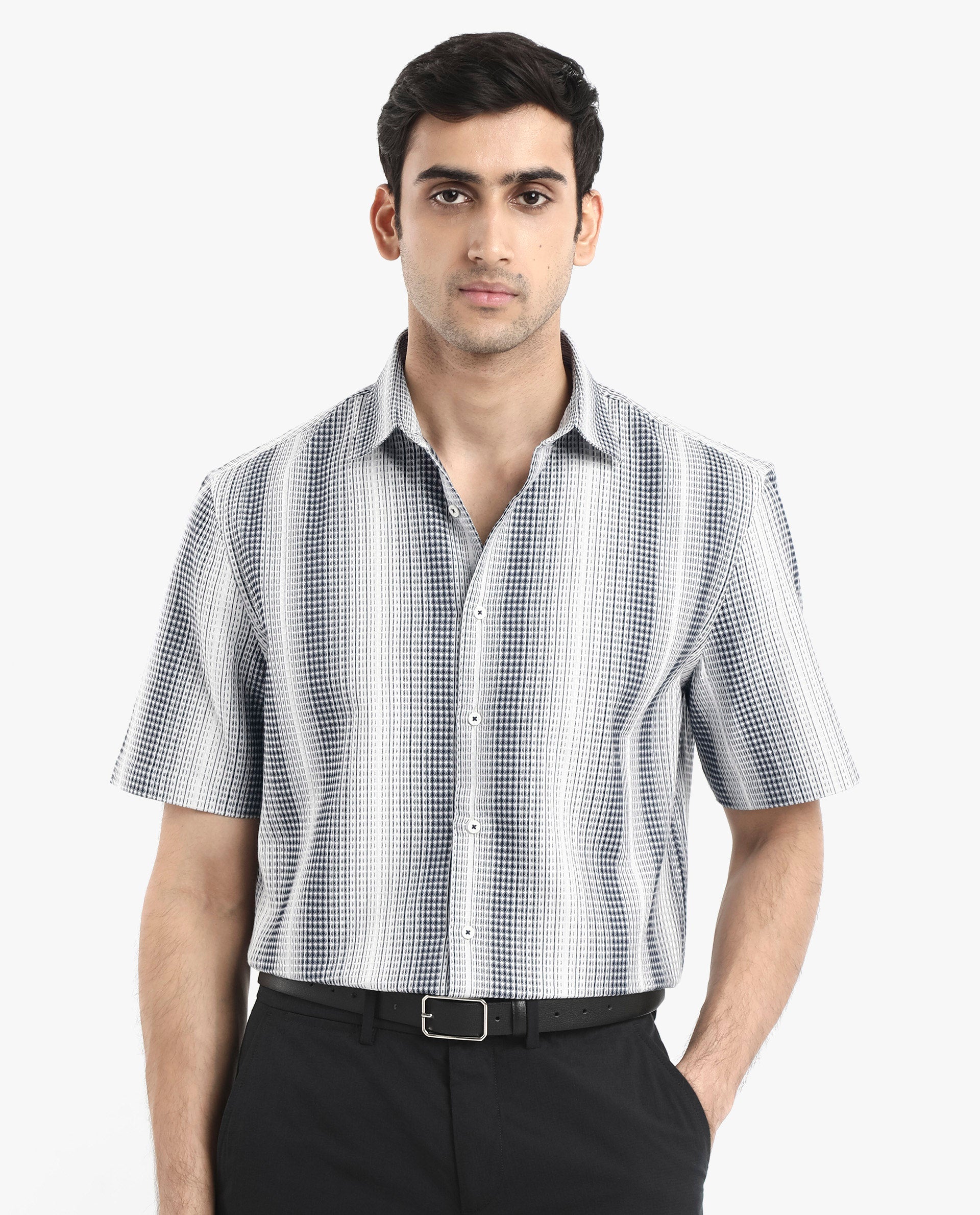 Rare Rabbit Men's Frawla Dark Blue Cotton Fabric Short Sleeve Boxy Fit Self Stripe Textured Shirt