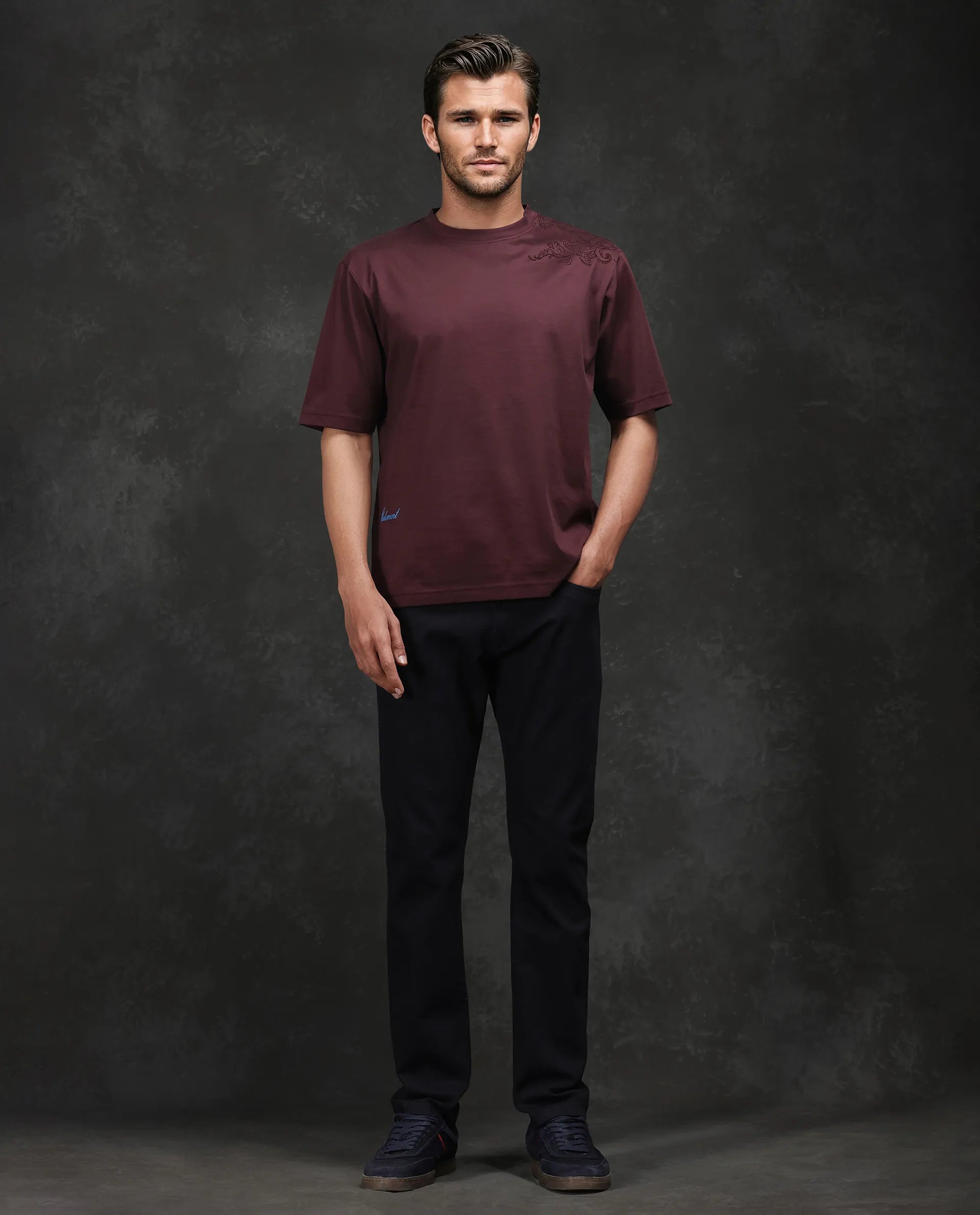 Rare Rabbit Men Frax Brown Cotton Fabric Short Sleeve Crew Neck Barcelone Fit Flock Print T-Shirt