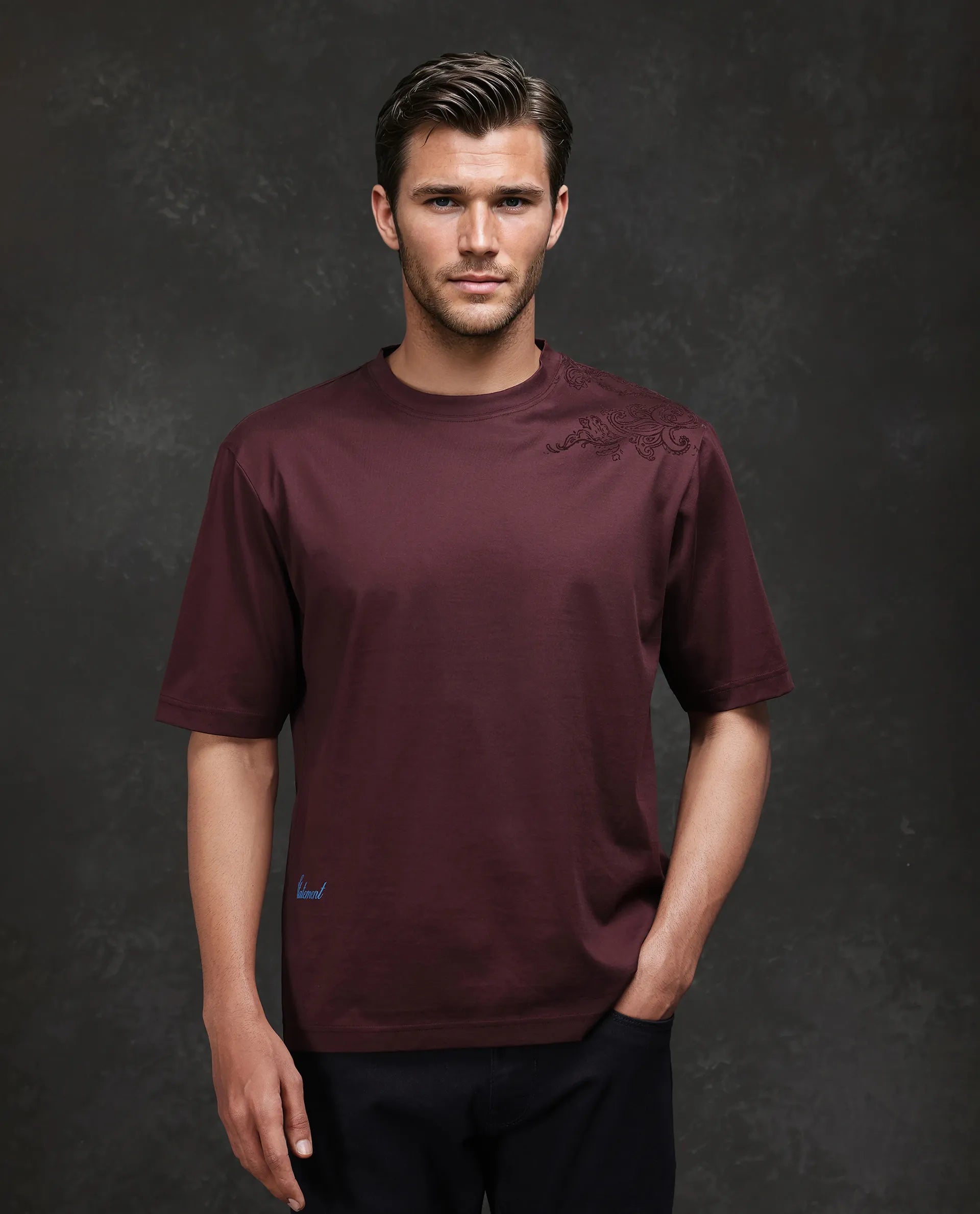 Rare Rabbit Men Frax Brown Cotton Fabric Short Sleeve Crew Neck Barcelone Fit Flock Print T-Shirt