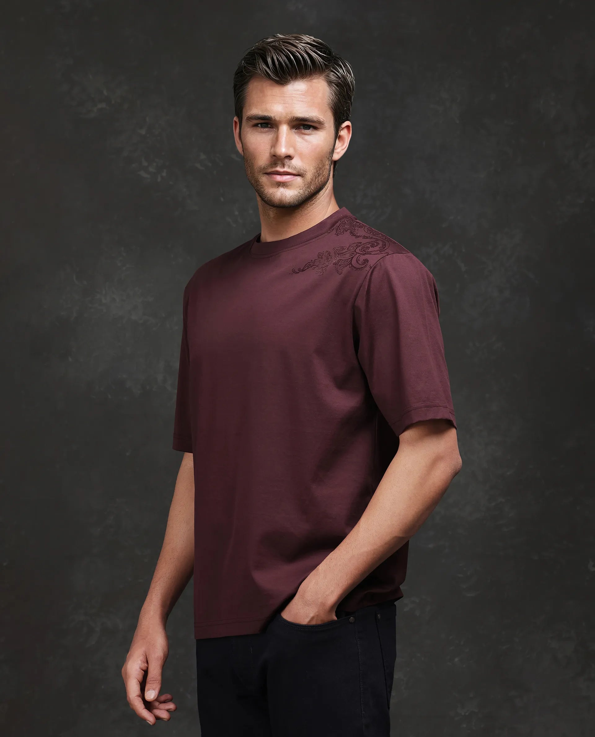 Rare Rabbit Men Frax Brown Cotton Fabric Short Sleeve Crew Neck Barcelone Fit Flock Print T-Shirt