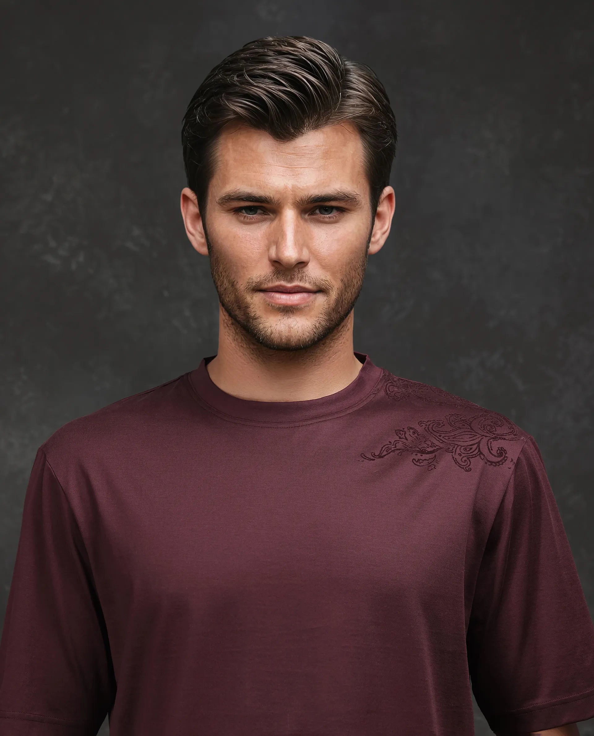 Rare Rabbit Men Frax Brown Cotton Fabric Short Sleeve Crew Neck Barcelone Fit Flock Print T-Shirt