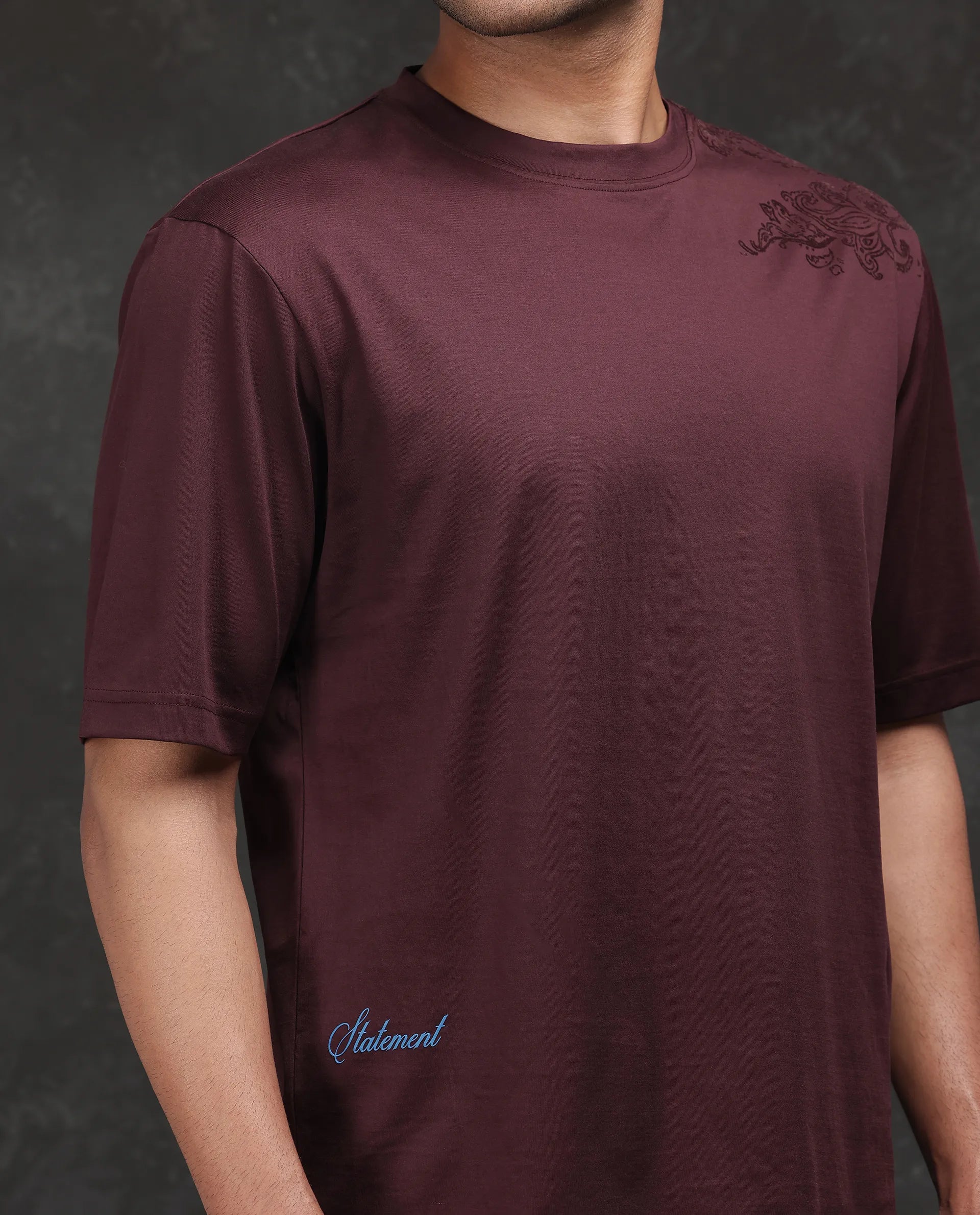 Rare Rabbit Men Frax Brown Cotton Fabric Short Sleeve Crew Neck Barcelone Fit Flock Print T-Shirt