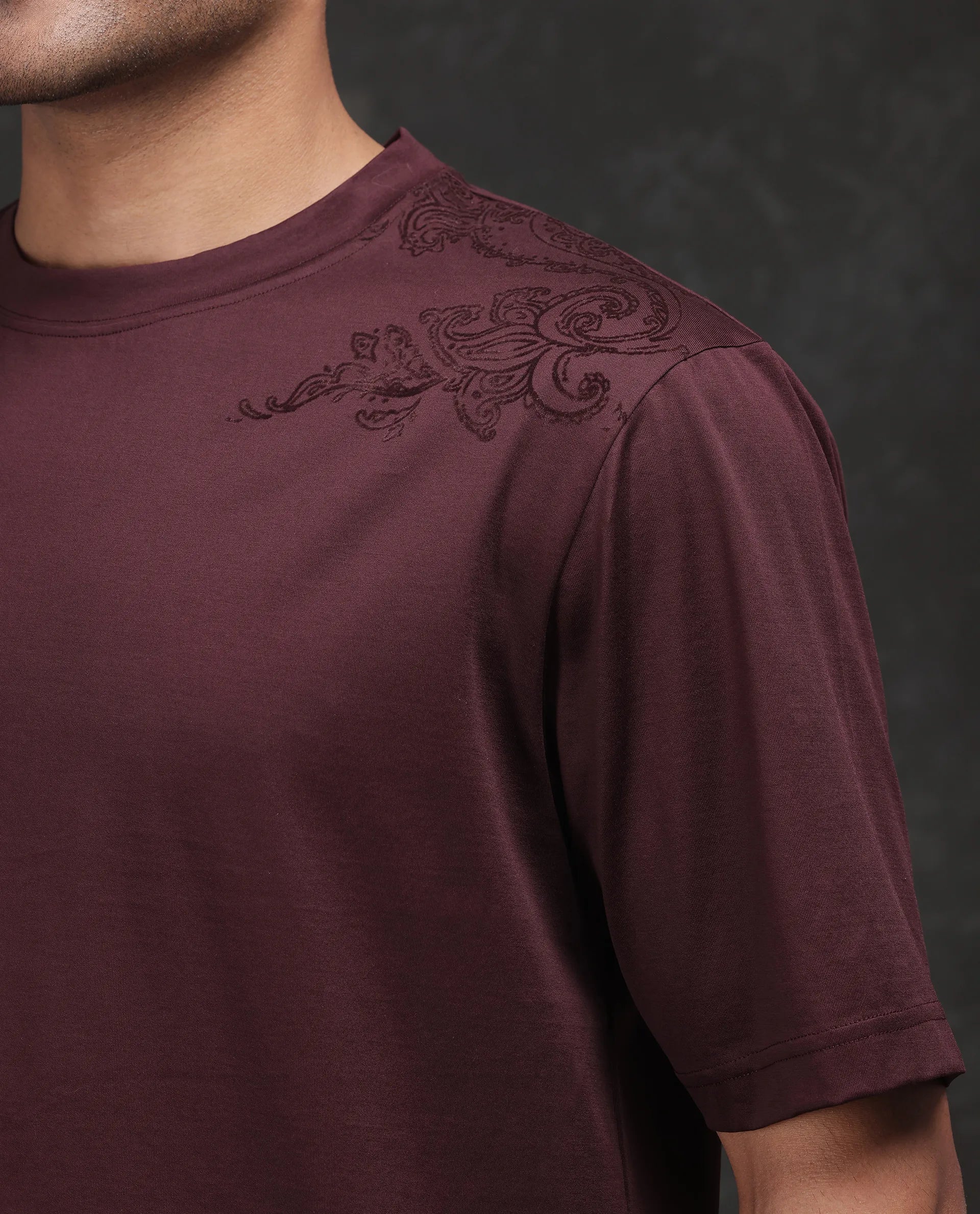 Rare Rabbit Men Frax Brown Cotton Fabric Short Sleeve Crew Neck Barcelone Fit Flock Print T-Shirt